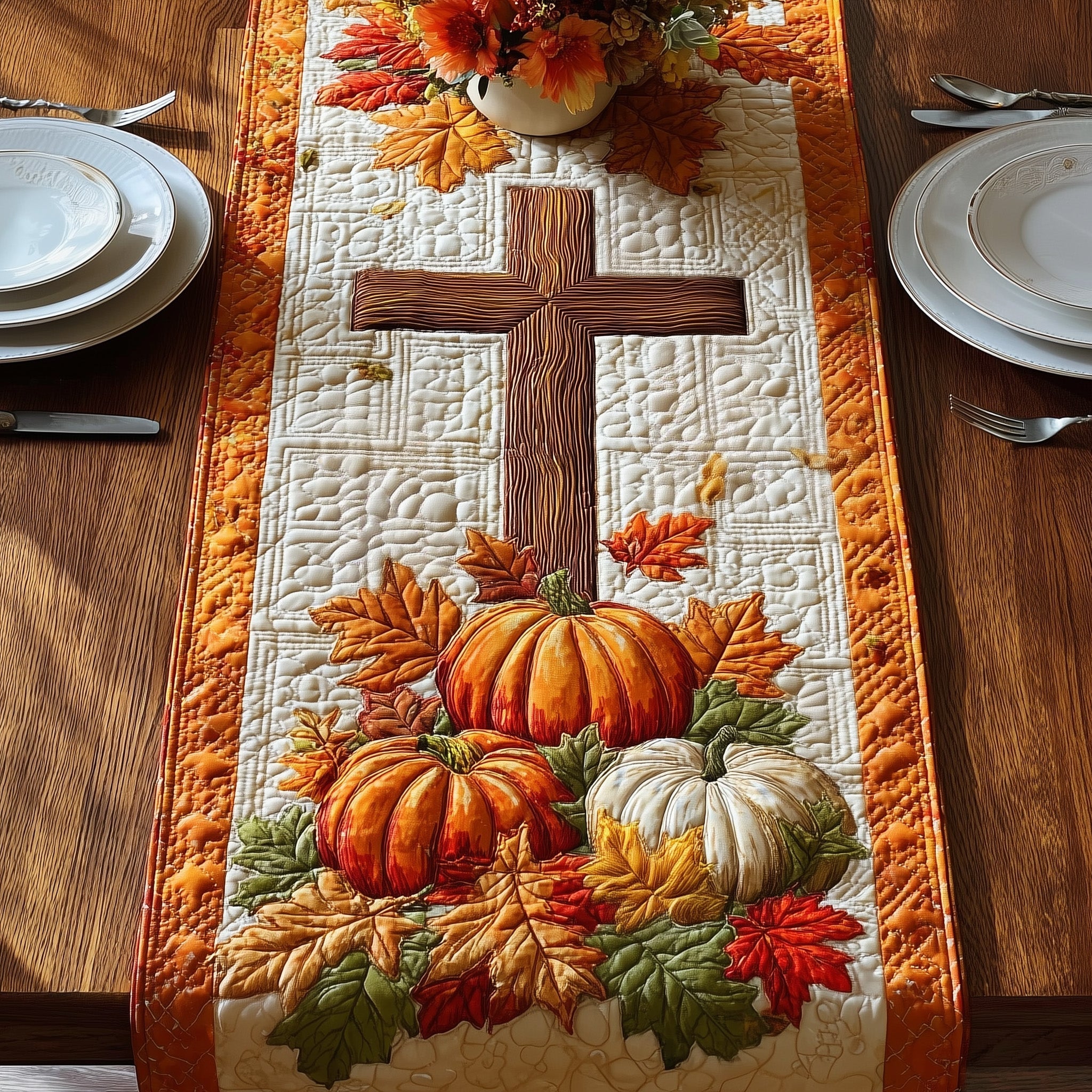 Autumn Cross Quilted Table Runner Winter Holiday Table Runner Decor