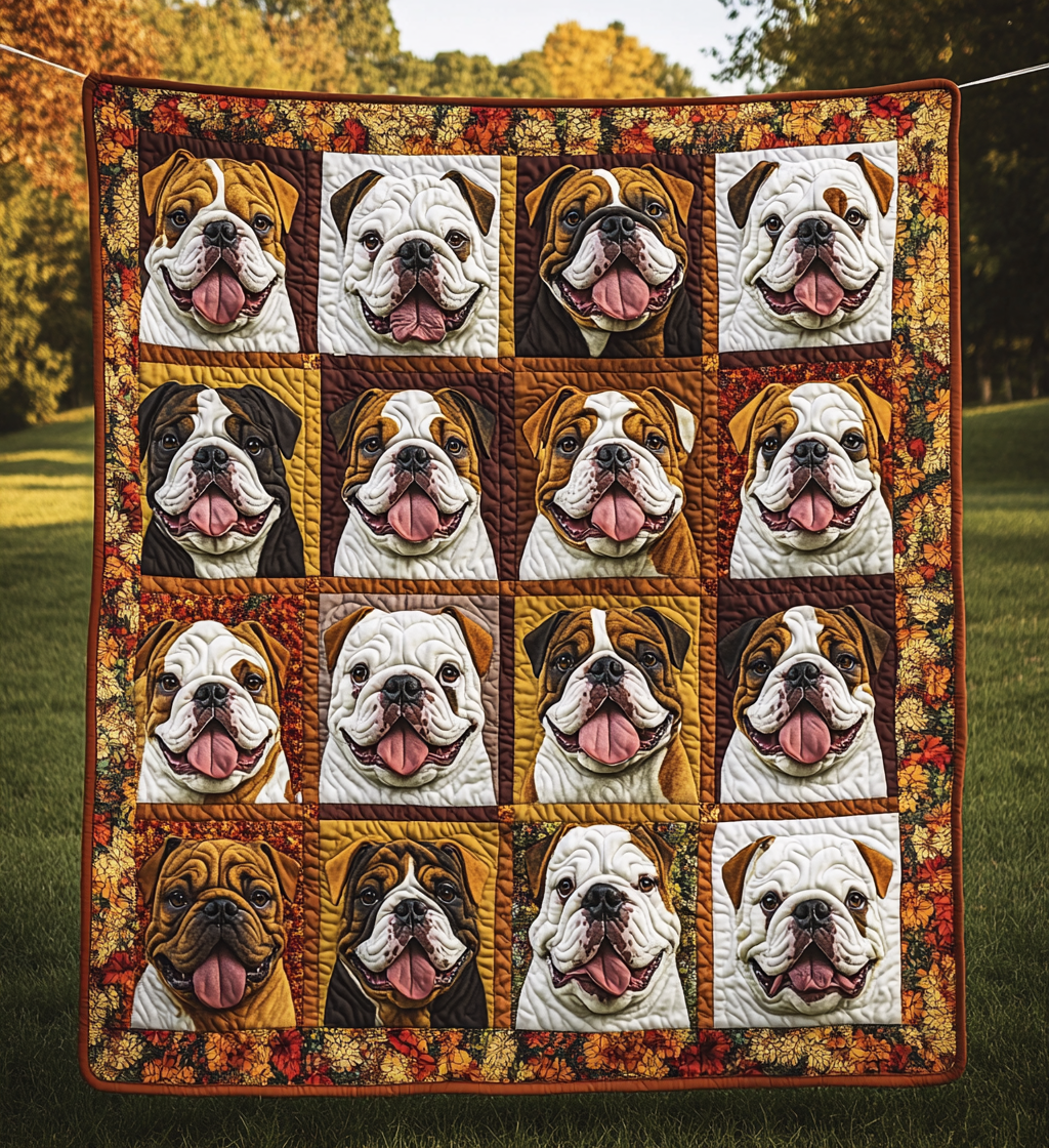 Autumn Cute Bulldog Fall Theme Harvest Quilted Blanket Thanksgiving Gifts For French Bulldog Owners