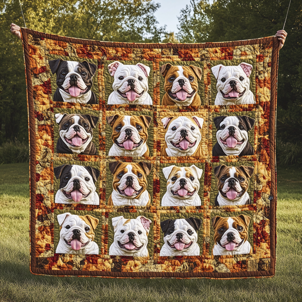 Autumn Cute Bulldog Fall Theme Pumpkin Quilted Blanket Gifts For French Bulldog Owners
