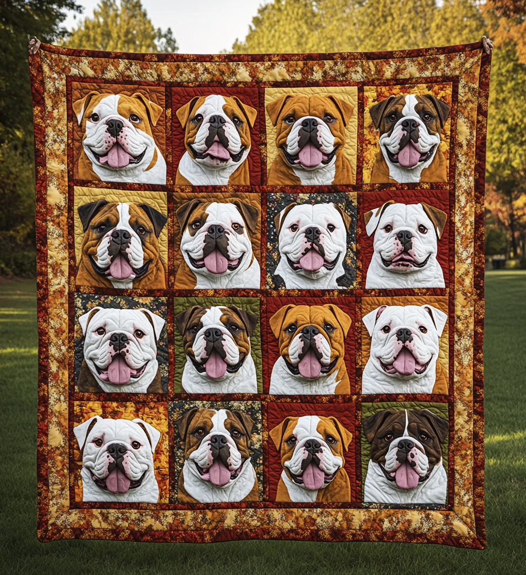Autumn Cute Bulldog Fall Theme Seasonal Quilted Blanket Fall Dog Gifts For French Bulldog Owners