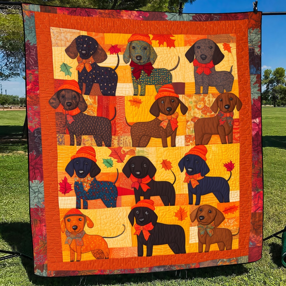 Autumn Dachshund Crew Quilted Blanket Fall Dog Art Cozy Bedding Warm Throw Gift Dachshund Lovers