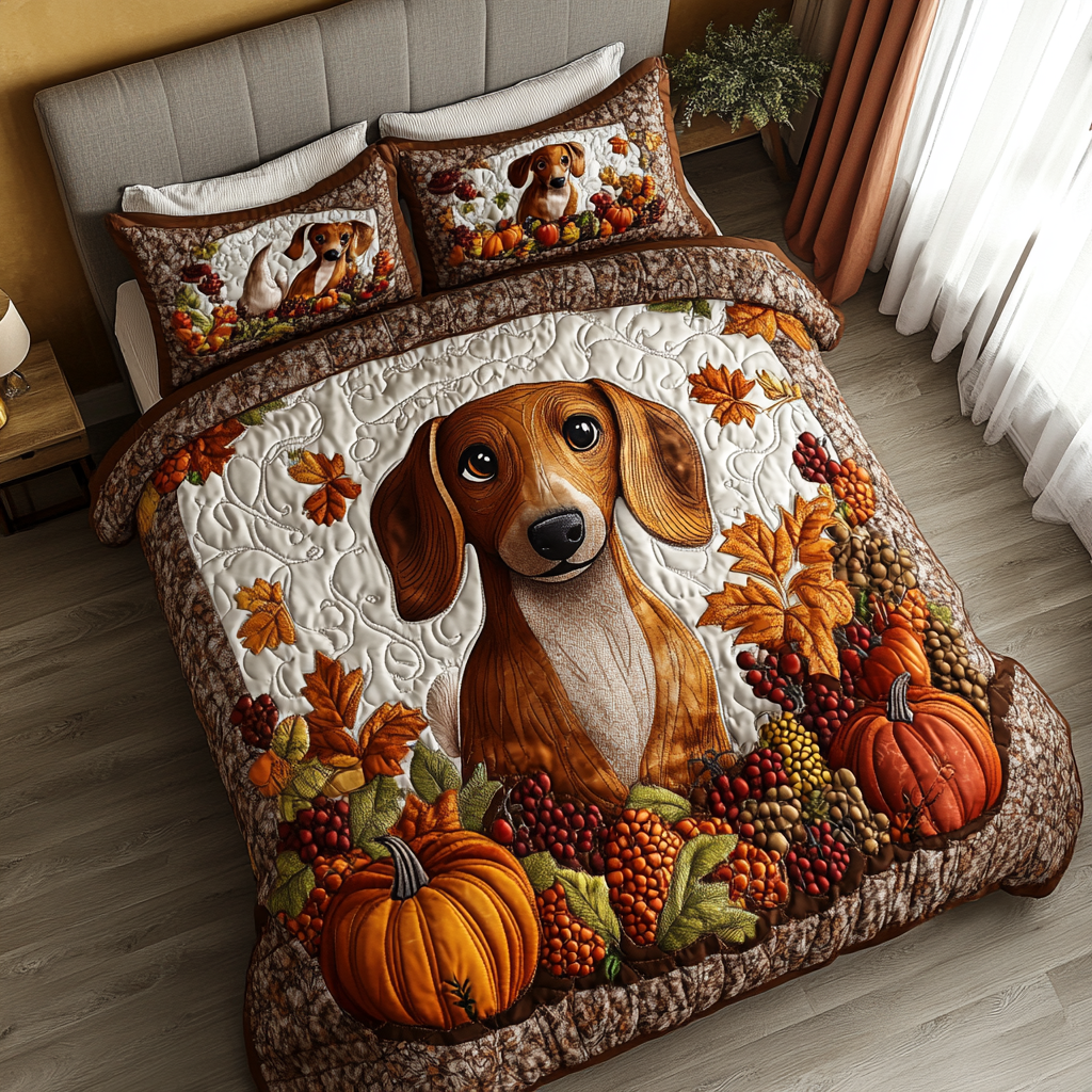 Autumn Dachshund Quilted Bedding Set Holiday Duvet Covers Dachshund Present Ideas