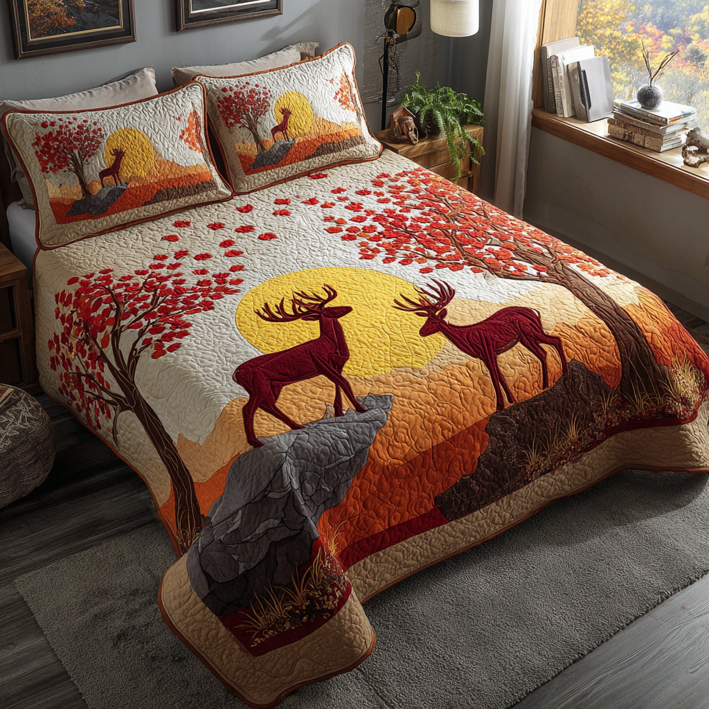 Autumn Deer Quilted Bedding Set Best Comforter Sets Cozy Fall Gift Ideas