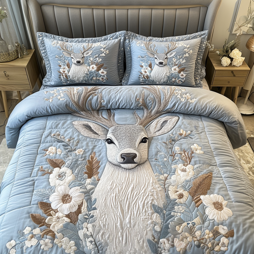 Autumn Deer Quilted Bedding Set Elegant Bed Linen Set for Cozy Nights