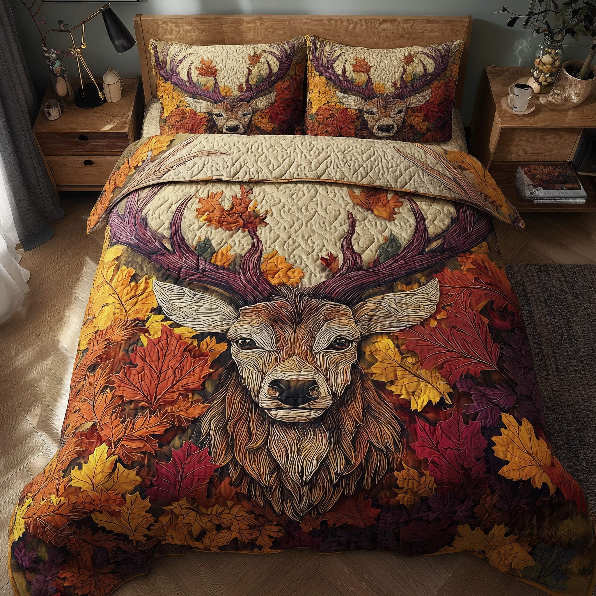 Autumn Deer Quilted Bedding Set Geometrical Pattern