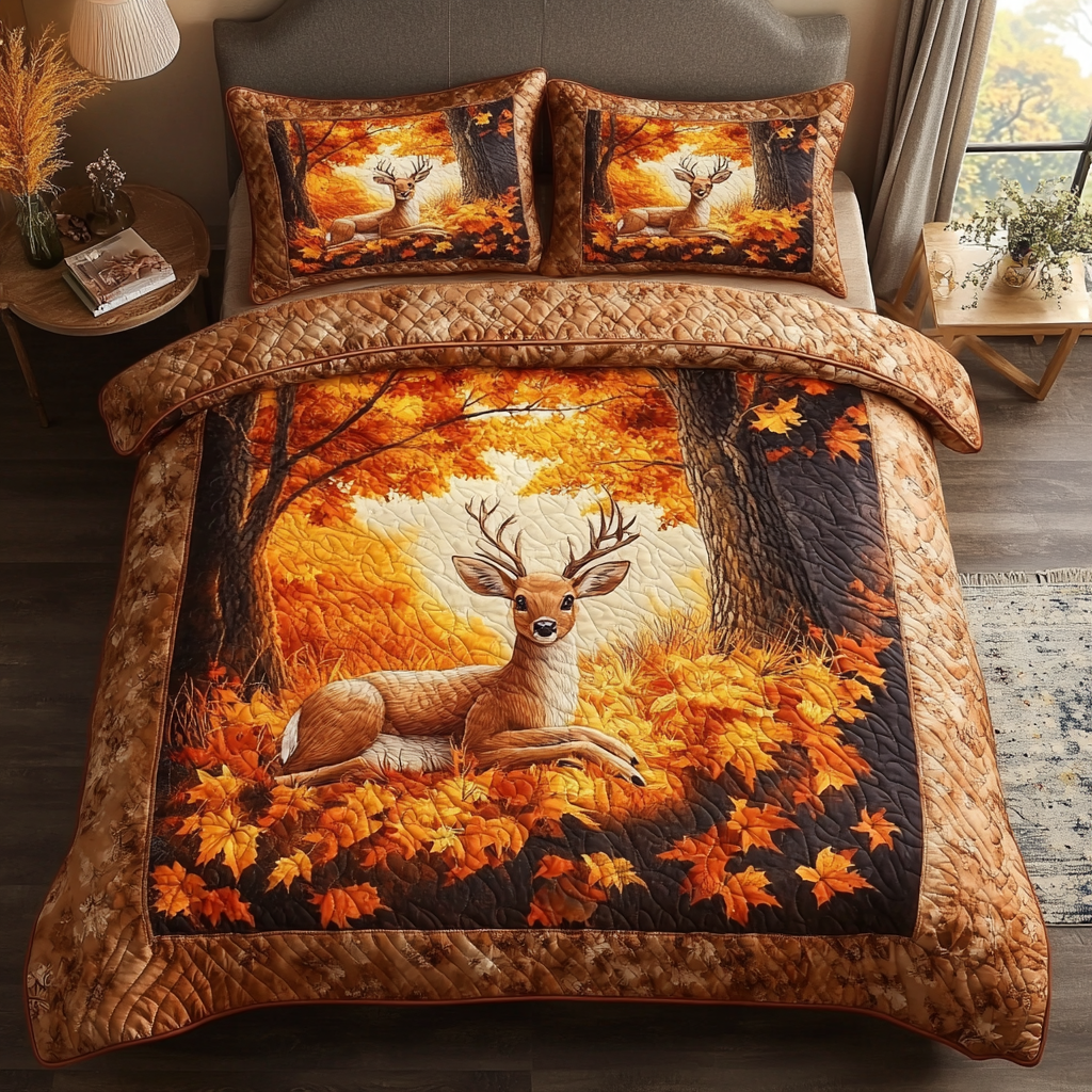 Autumn Deer Quilted Bedding Set Unique Bed Sheet Set Fall Autumn Gifts For Him