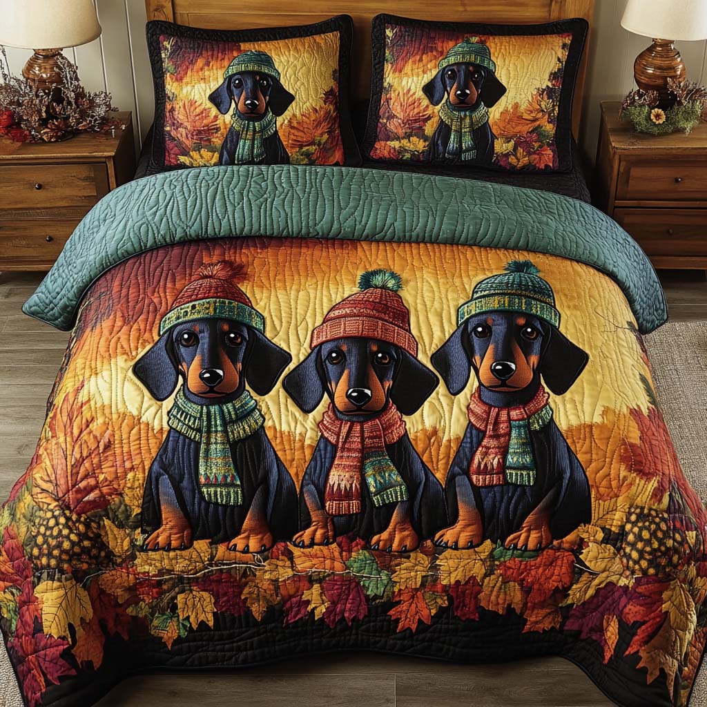 Autumn Doxie Quilted Bedding Set Autumn Bed Sheet Set Dachshund Gifts For Women