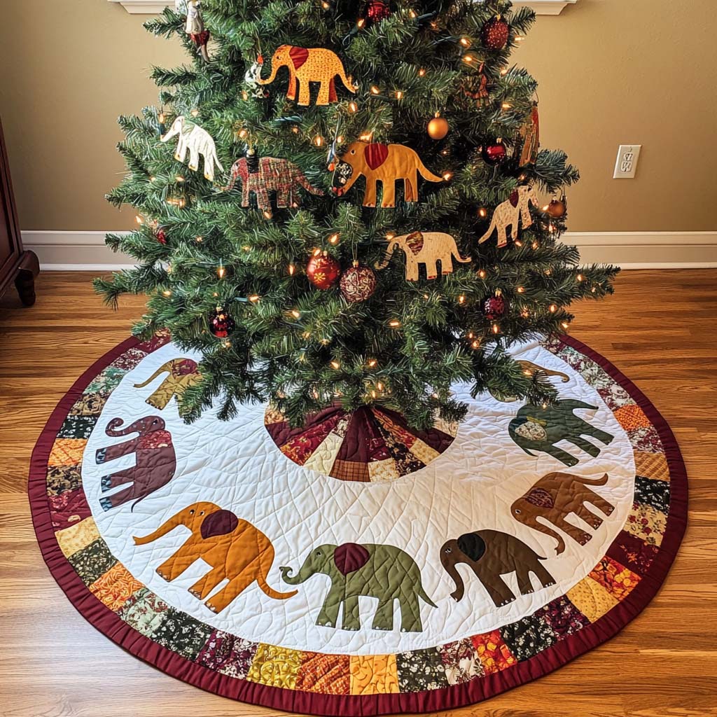 Autumn Elephants Christmas Quilted Tree Skirt Festive Christmas Home Styling