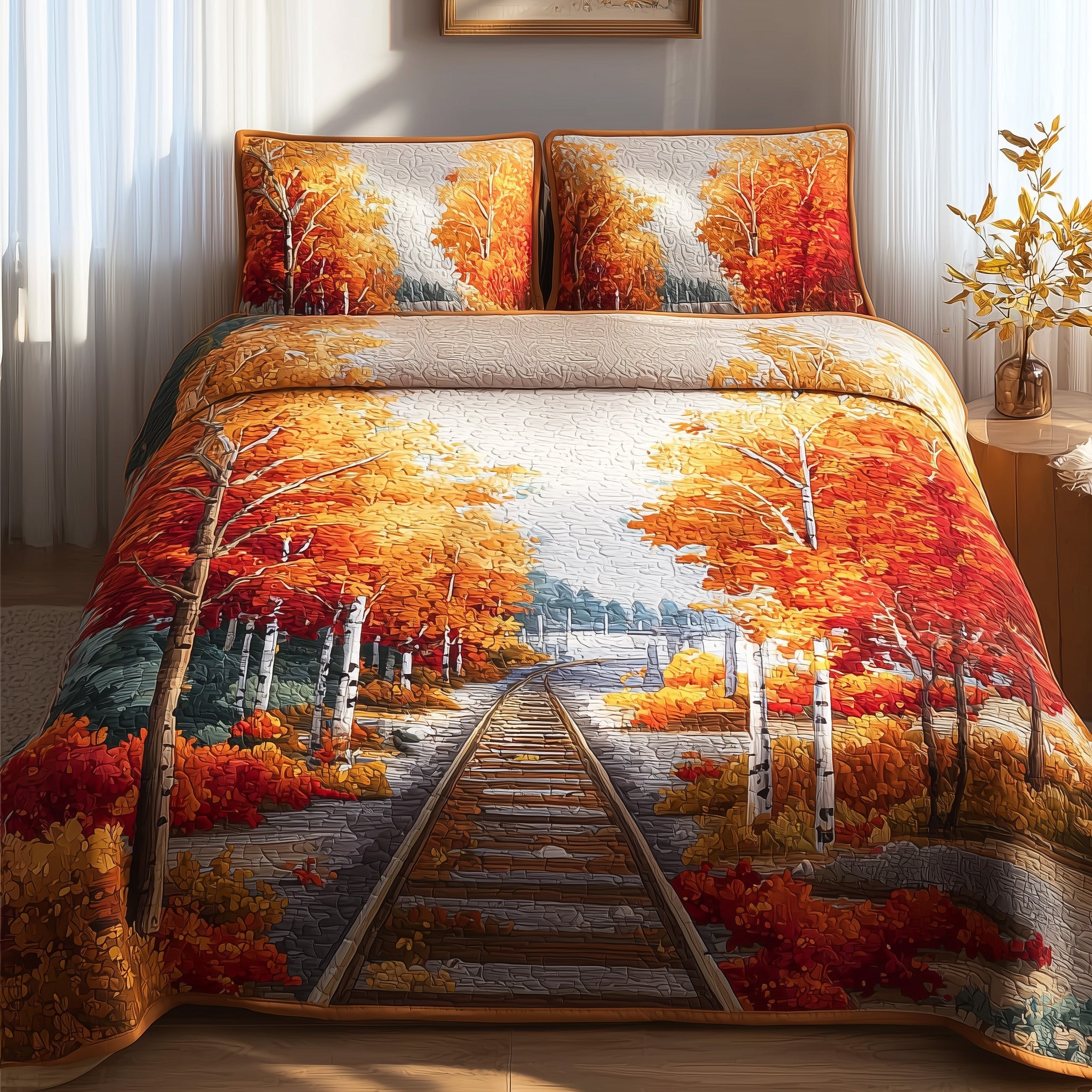 Autumn Escape Quilted Bedding Set Duvet Cover Bedspread Presents For Train Enthusiasts