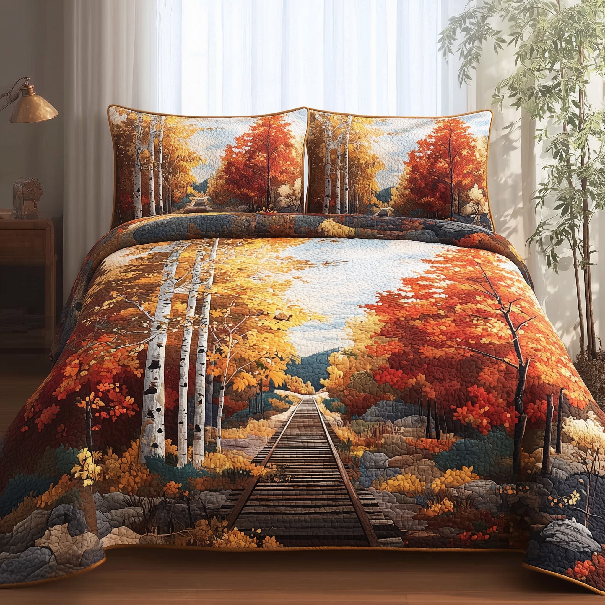 Autumn Escape Quilted Bedding Set Duvet Cover Bedspread Unique Gifts For Train Lovers