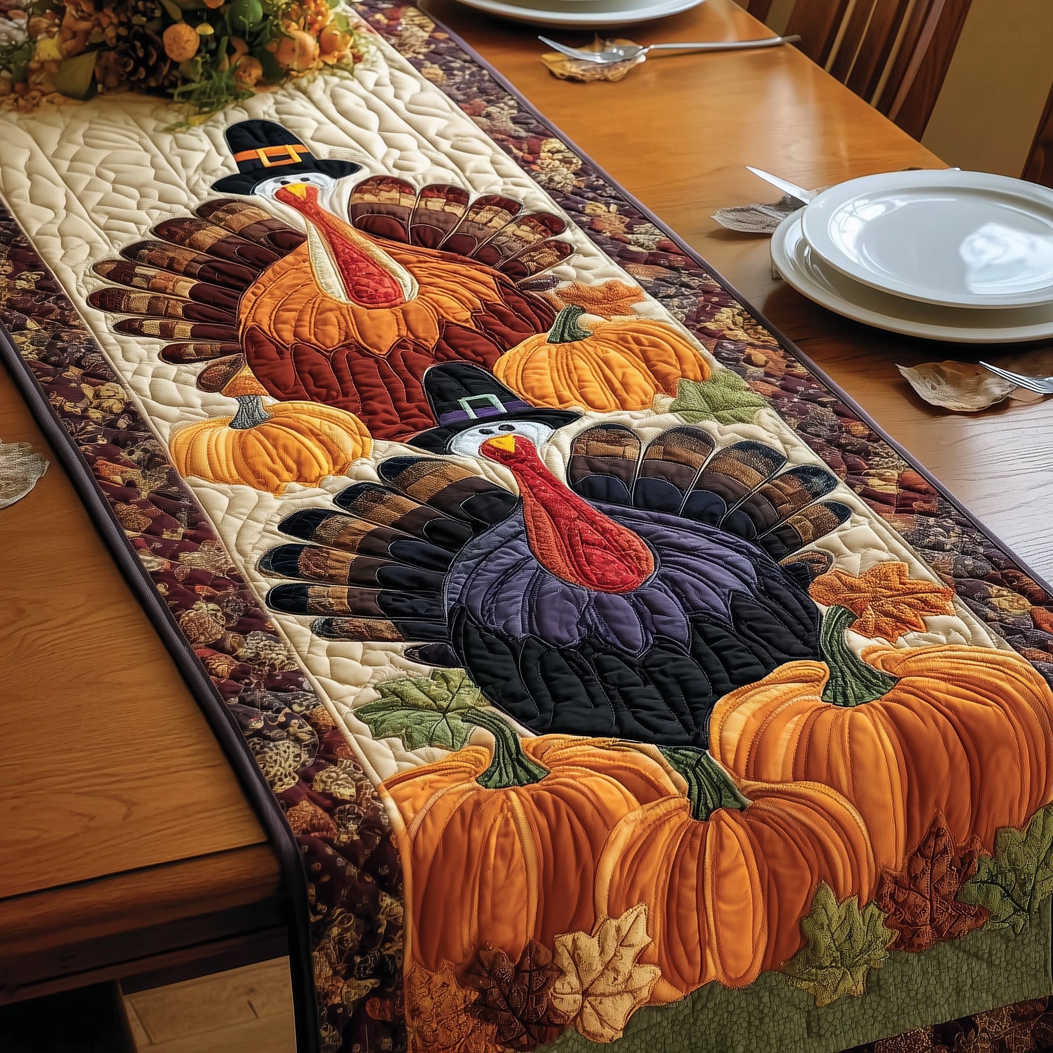 Autumn Feast Quilted Table Runner Holiday Banquet Table Runner