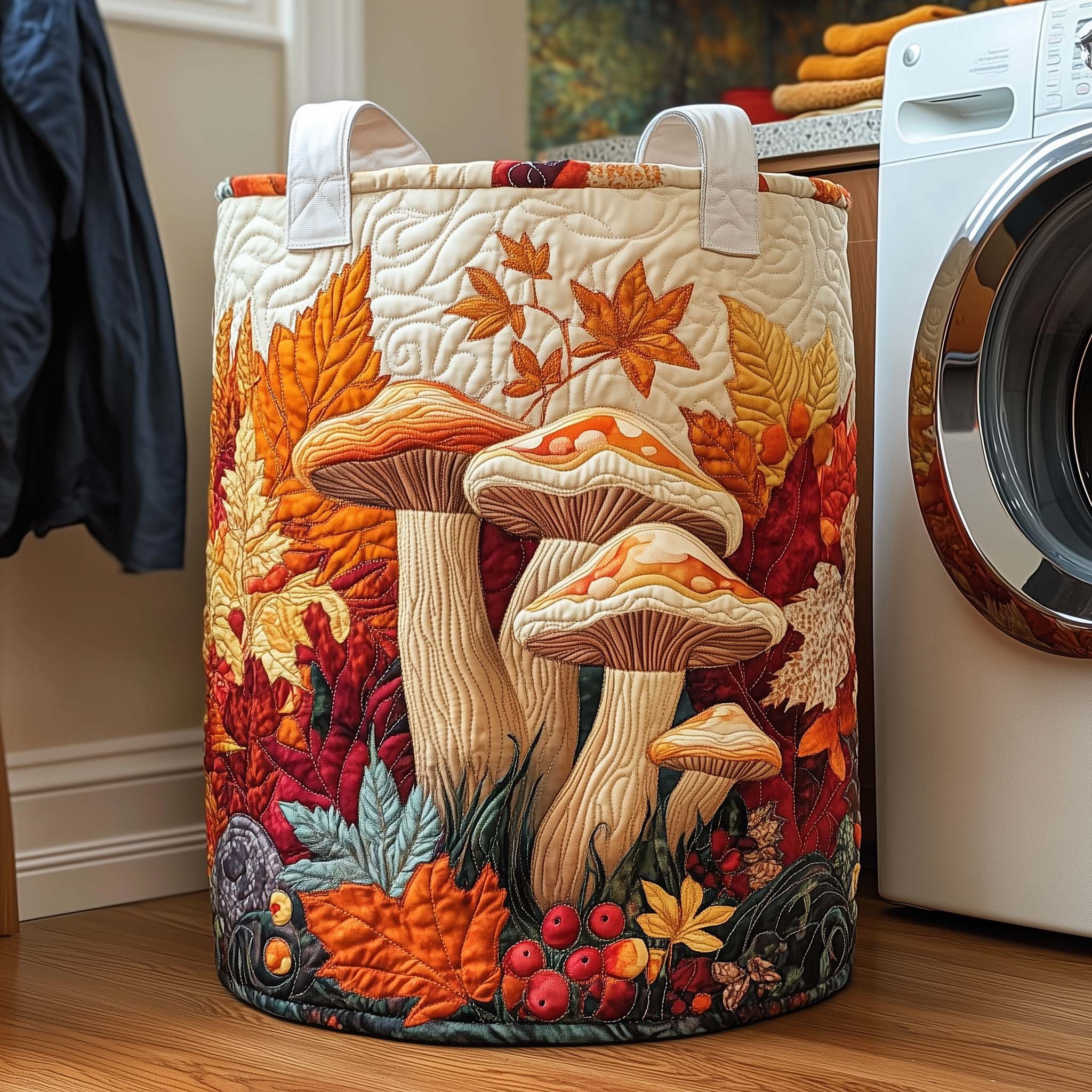 Autumn Flame Mushrooms Quilted Laundry Basket Holiday Home Decor Gifts For Mother