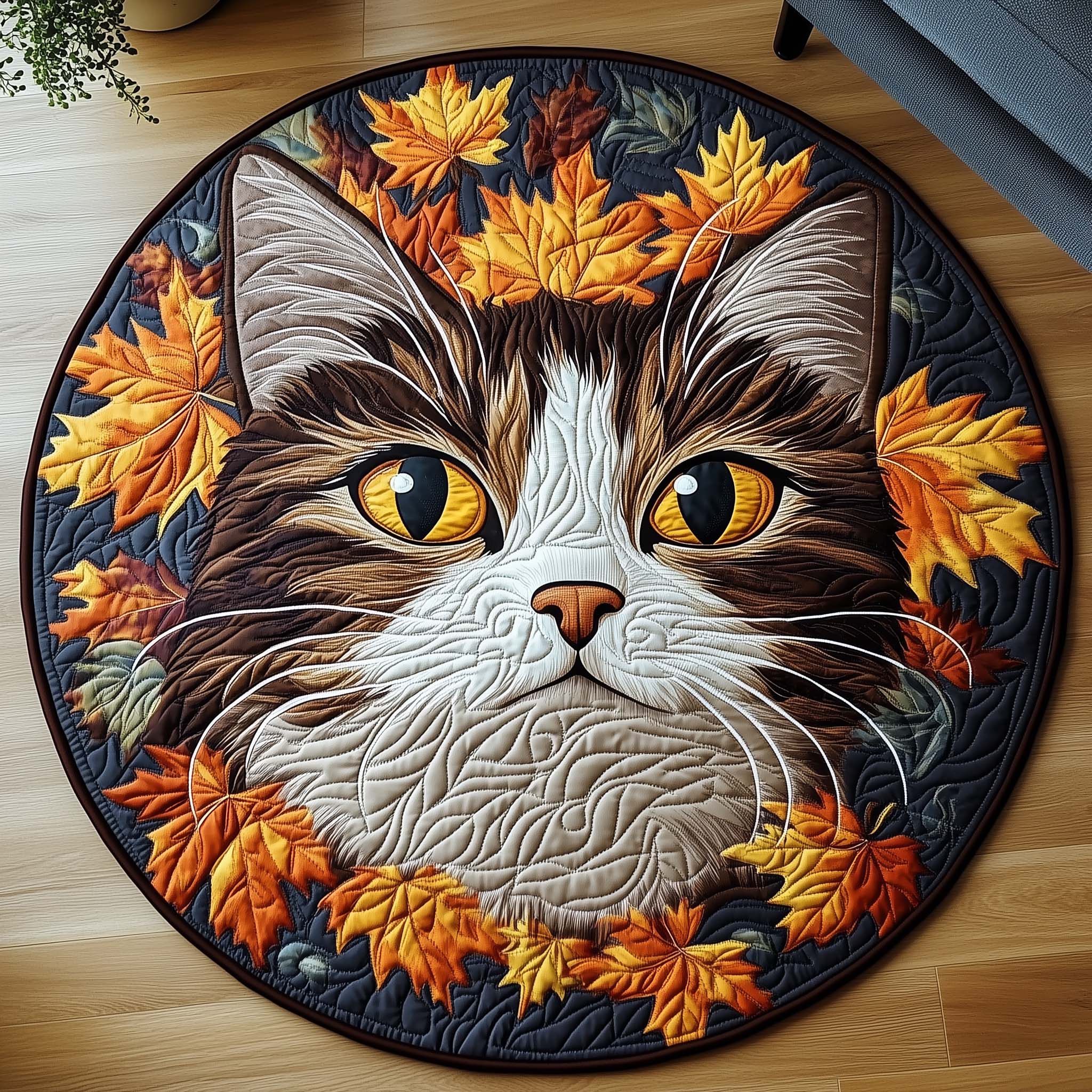 Autumn Forest Cat Quilted Round Mat Vibrant Quilted Round Mat to Brighten Your Room