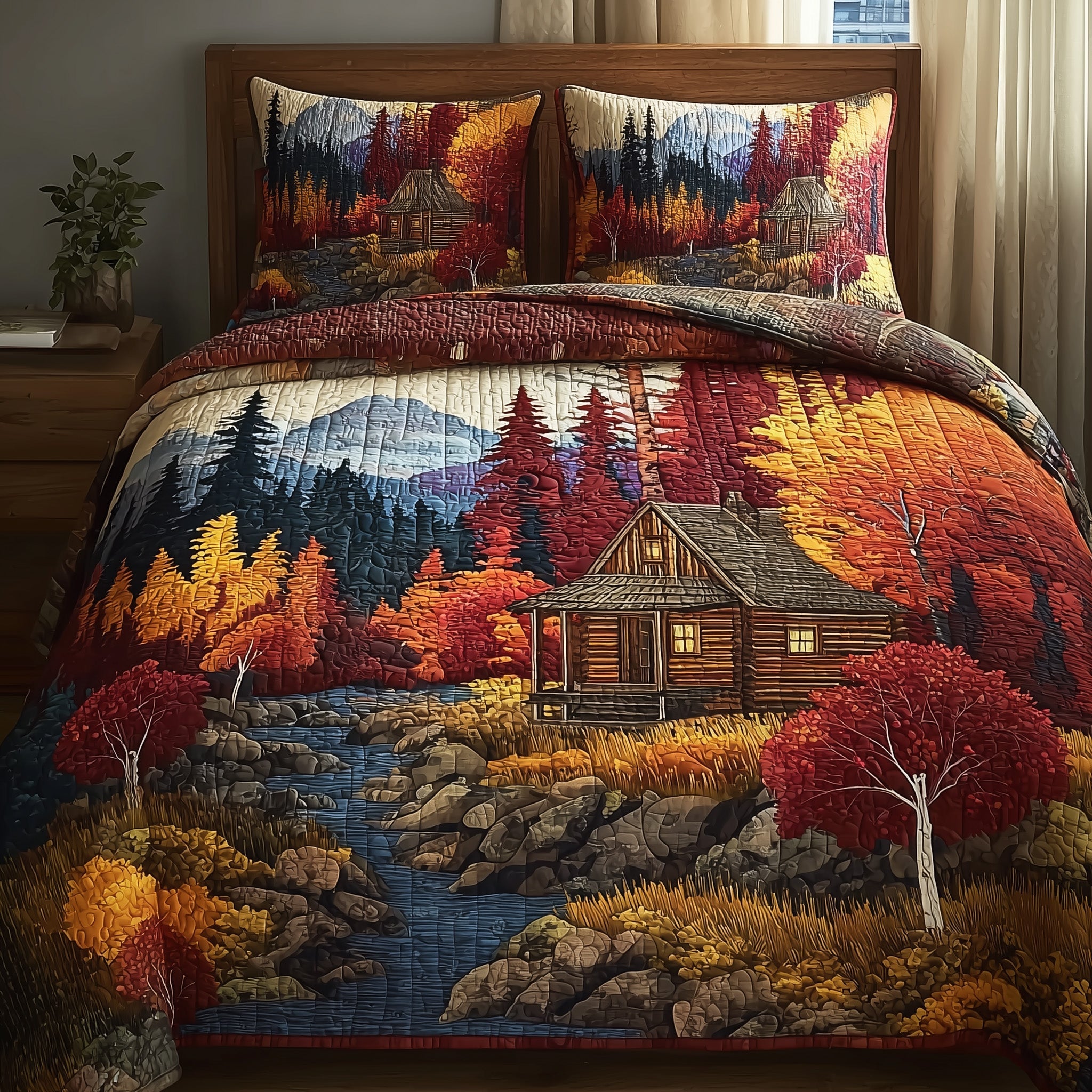 Autumn Forest Quilted Bedding Set Linen Blend