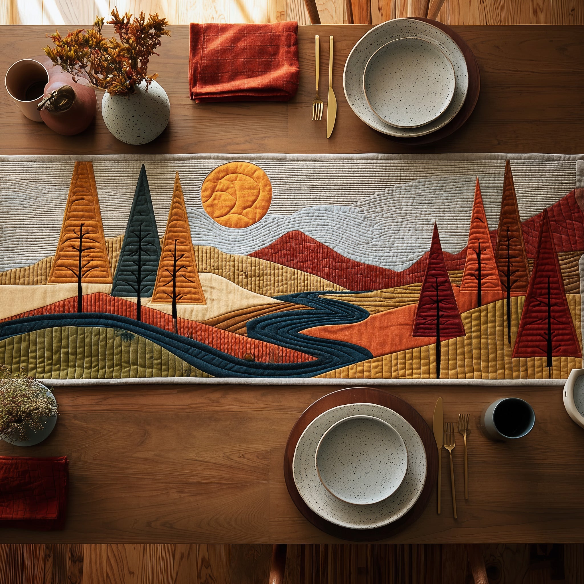 Autumn Forest Quilted Table Runner Christmas Dining Room Table Runner