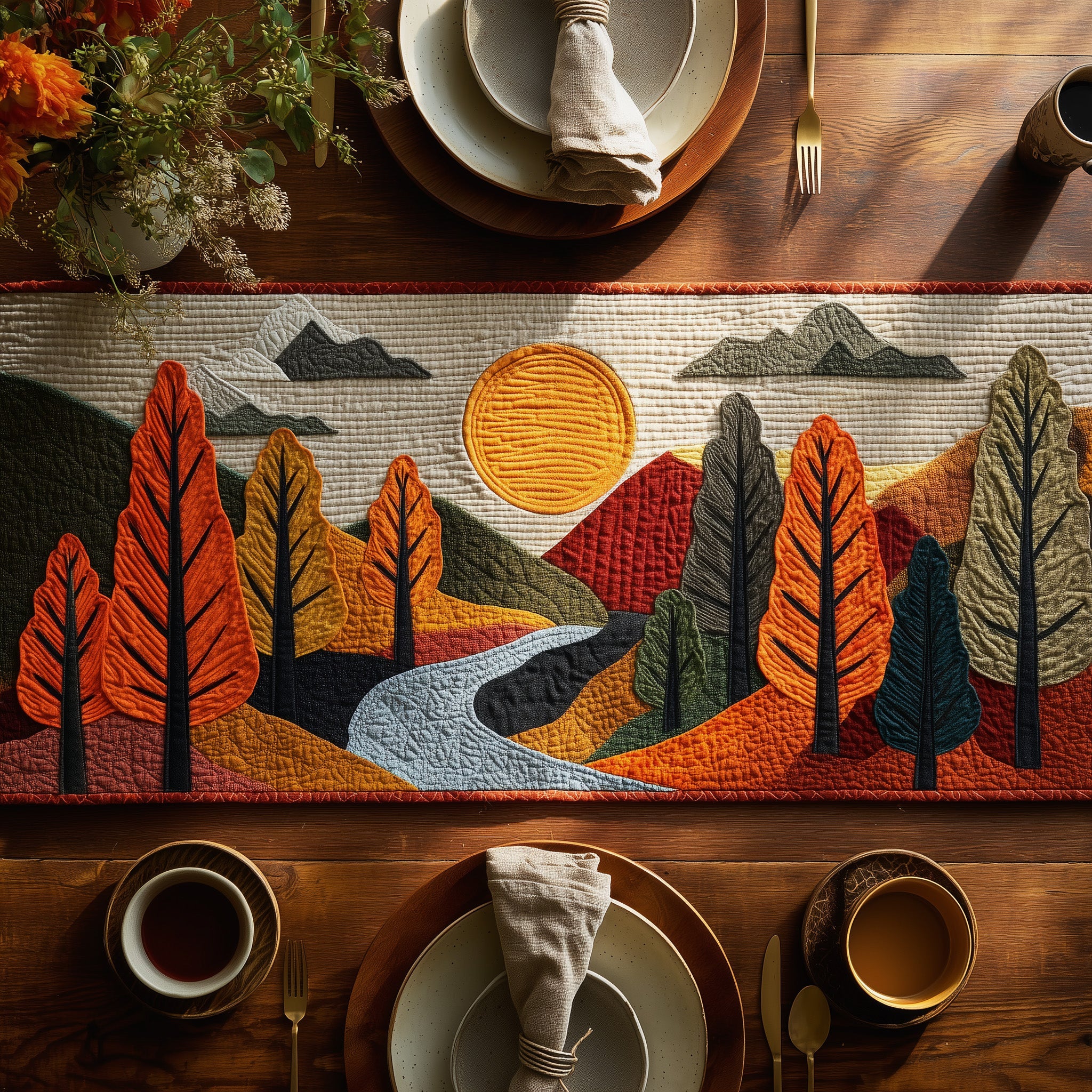 Autumn Forest Quilted Table Runner Holiday Table Runner for Kitchen Decor