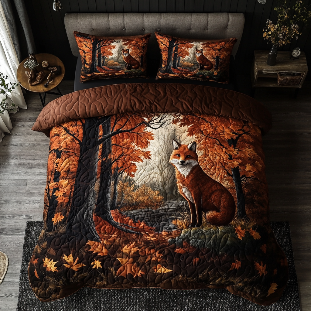 Autumn Fox Quilted Bedding Set Fall Bedding Sets Fox Lovers Gifts For Him