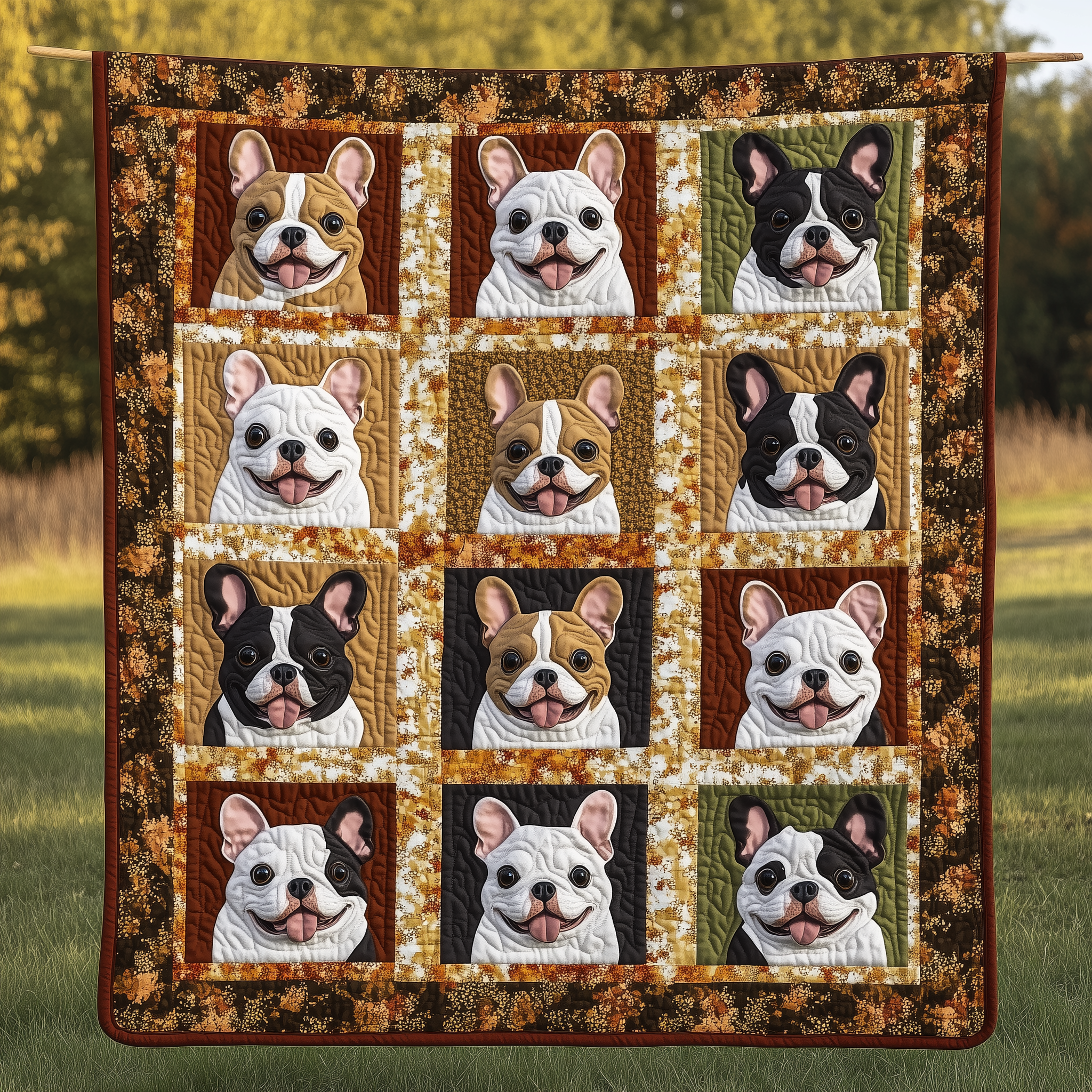 Autumn French Bulldog Fall Theme Harvest Quilted Blanket Thanksgiving Gifts For Bulldog Owners