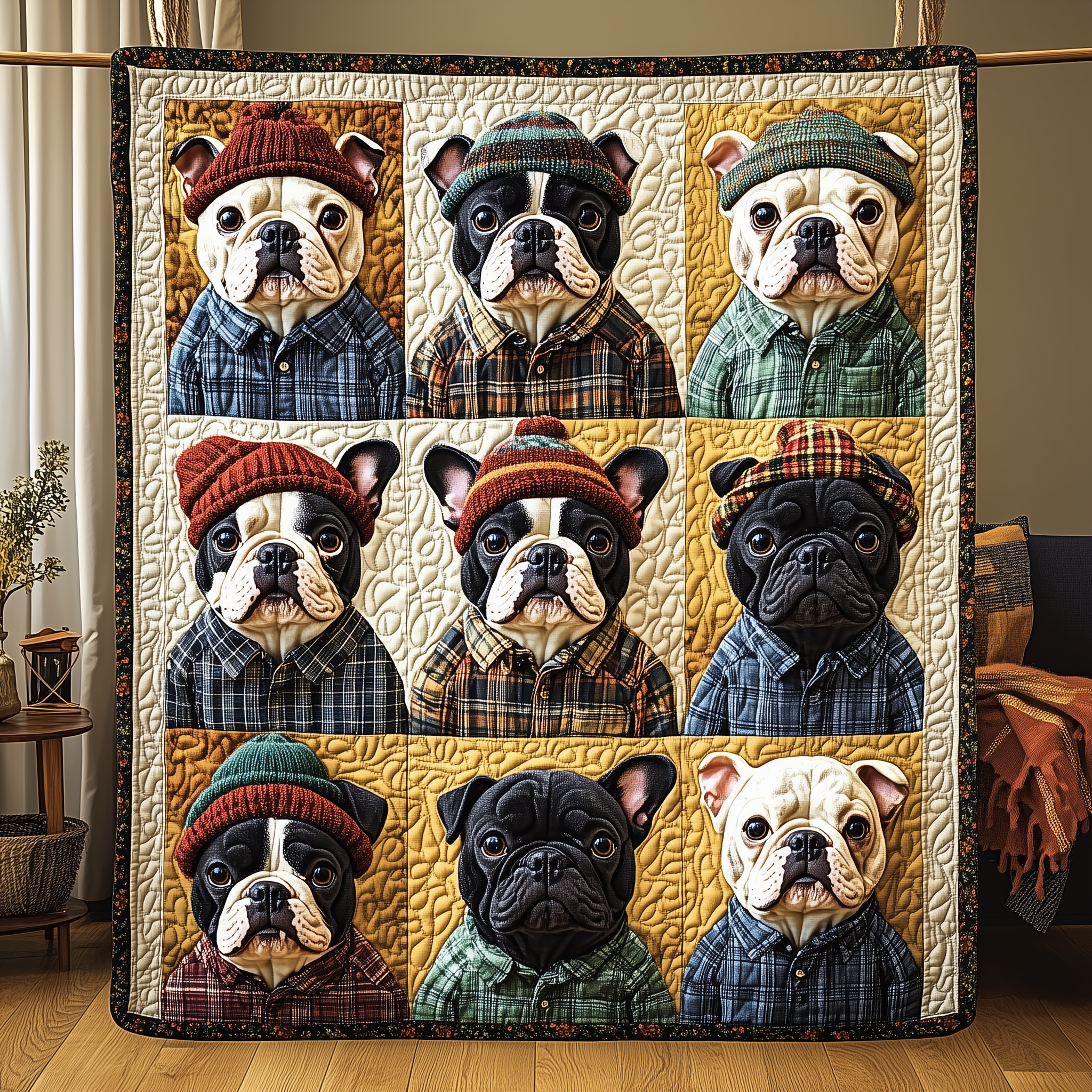 Autumn French Bulldog Fall Theme Leaves Quilted Blanket Autumn Gifts For French Bulldog Owners