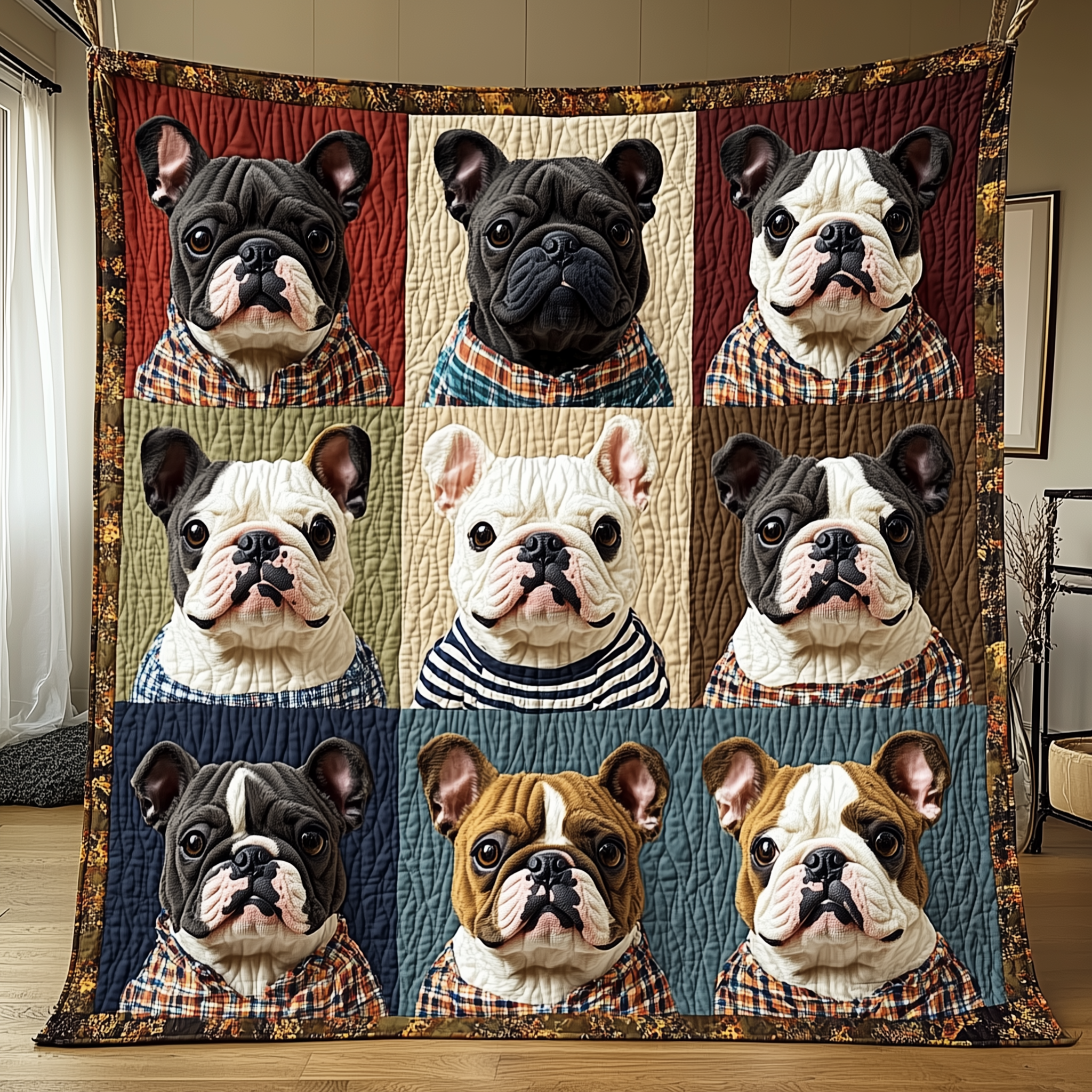 Autumn French Bulldog Fall Theme Pumpkin Quilted Blanket Gifts For French Bulldog Owners