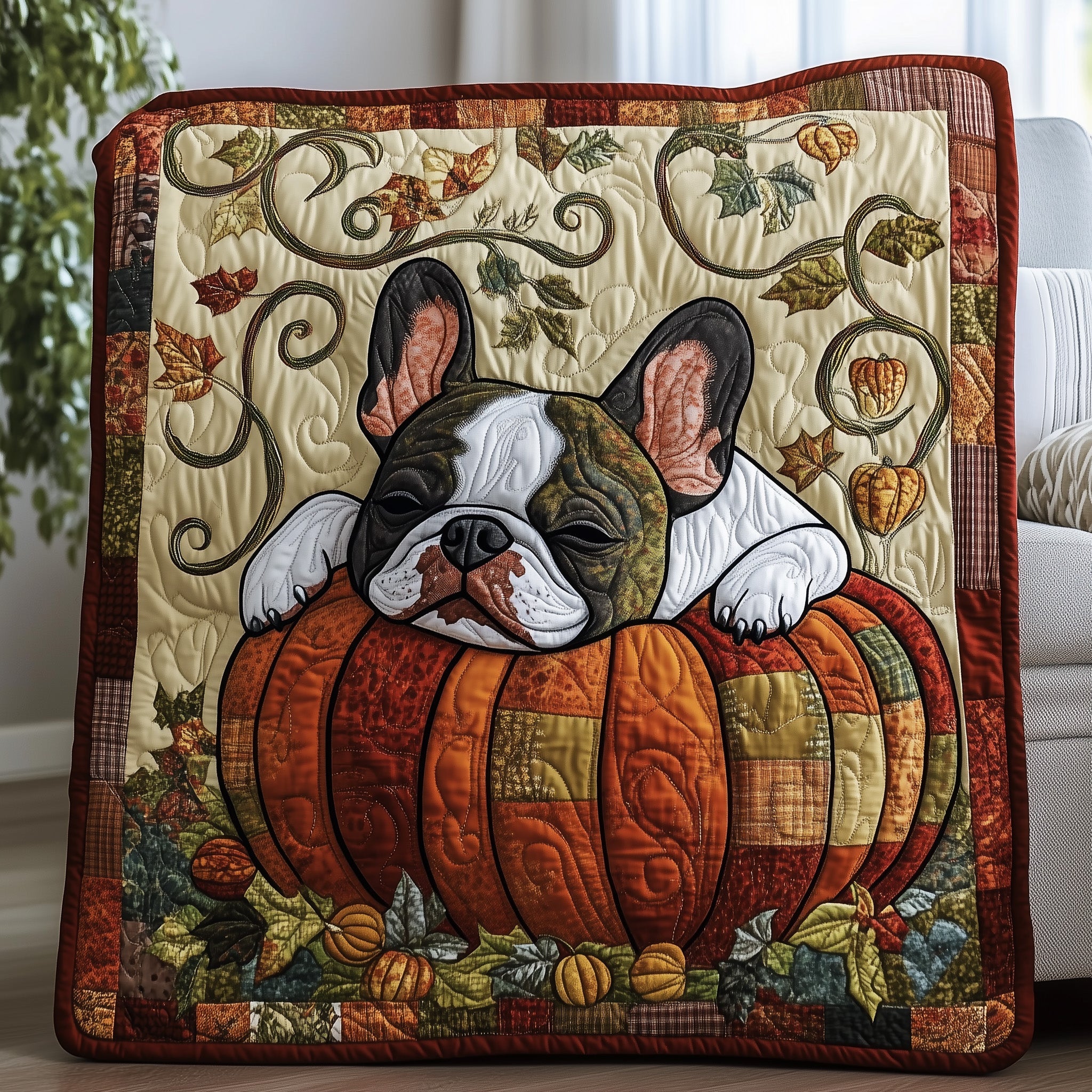 Autumn Frenchie Cute Dog Fall Theme Harvest Quilted Blanket Thanksgiving Gifts For Bulldog Owners