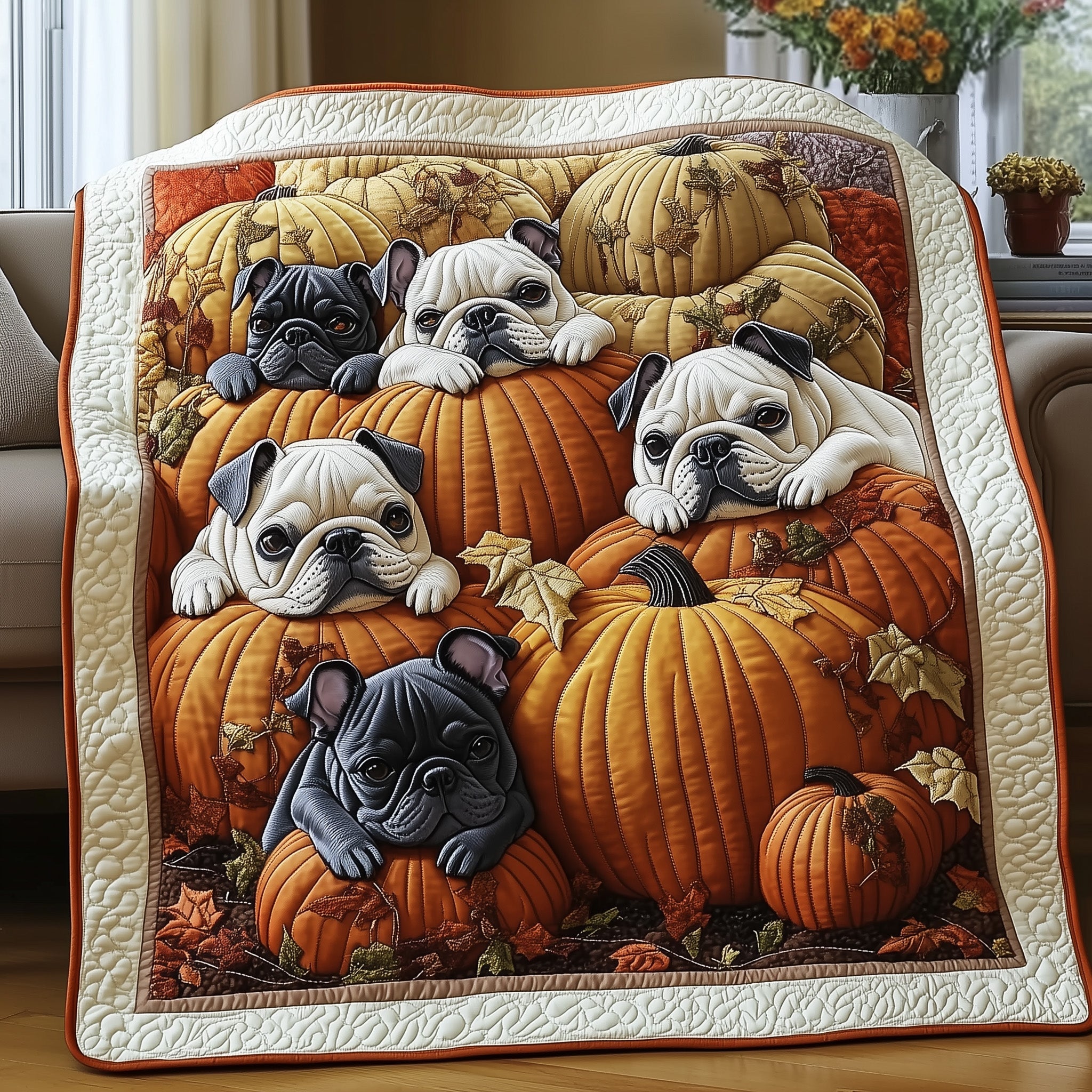 Autumn Frenchie Cute Dog Fall Theme Holiday Quilted Blanket Thanksgiving Gifts For Bulldog Owners