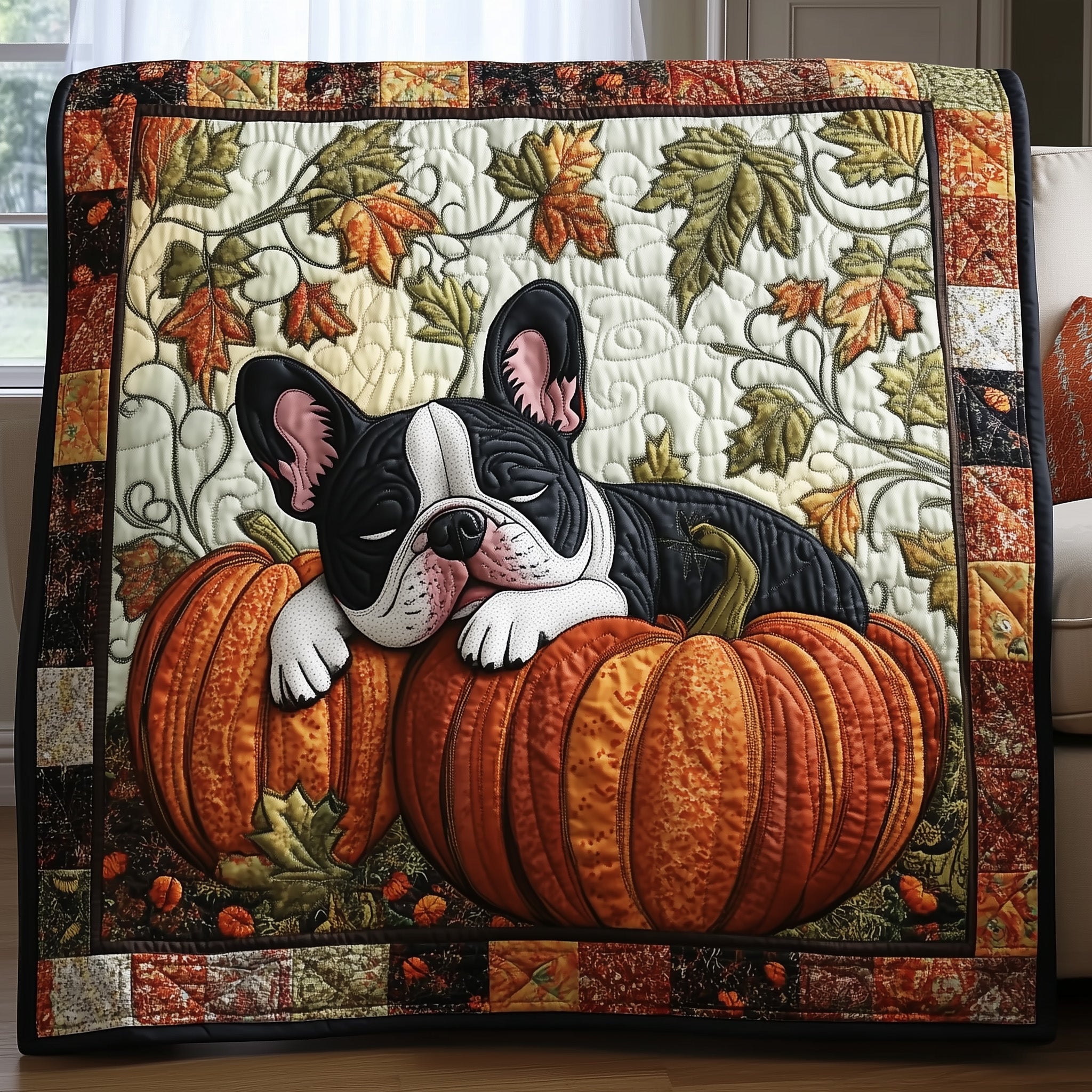Autumn Frenchie Cute Dog Fall Theme Pumpkin Quilted Blanket Gifts For French Bulldog Owners