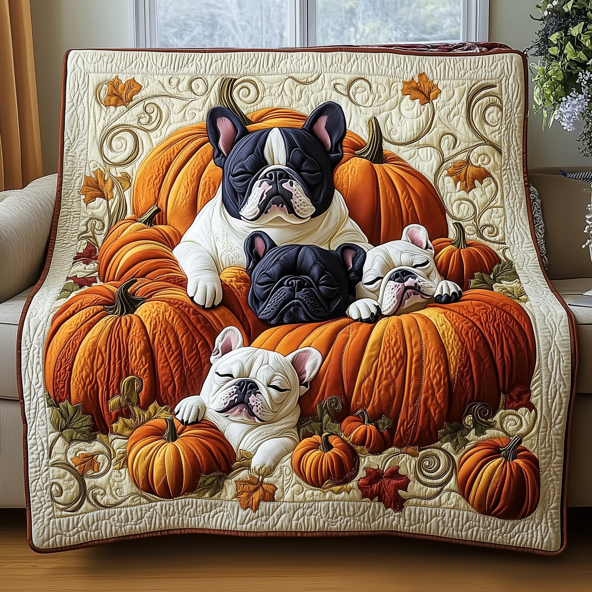 Autumn Frenchie Cute Dog Fall Theme Seasonal Quilted Blanket Fall Gifts For French Bulldog Owners