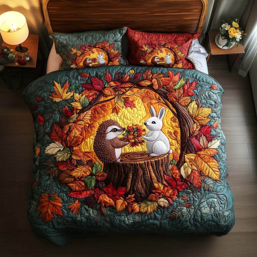 Autumn Friends Quilted Bedding Set Fall Bedding Sets Animal Lovers Presents