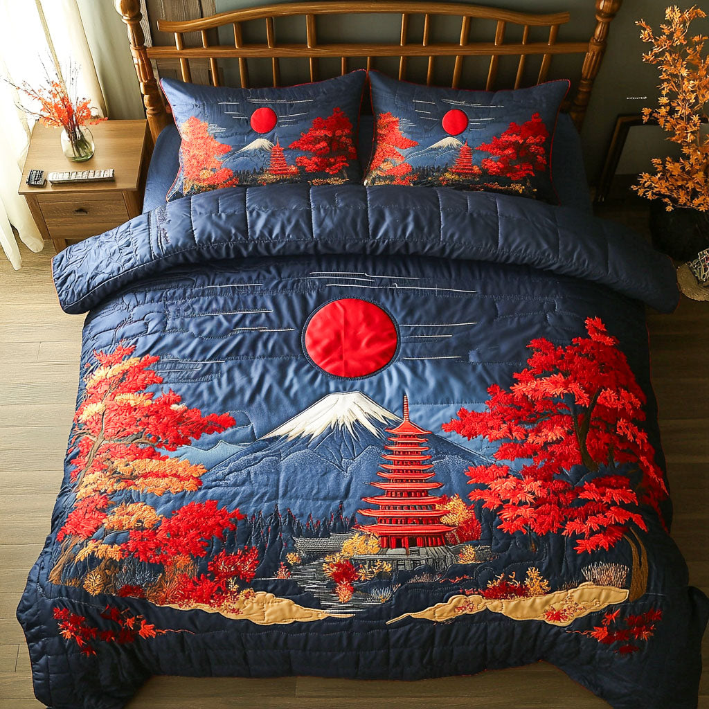 Autumn Fuji Glow Quilted Bedding Set Japandi Style Bedroom Decor Christmas Gifts For Men