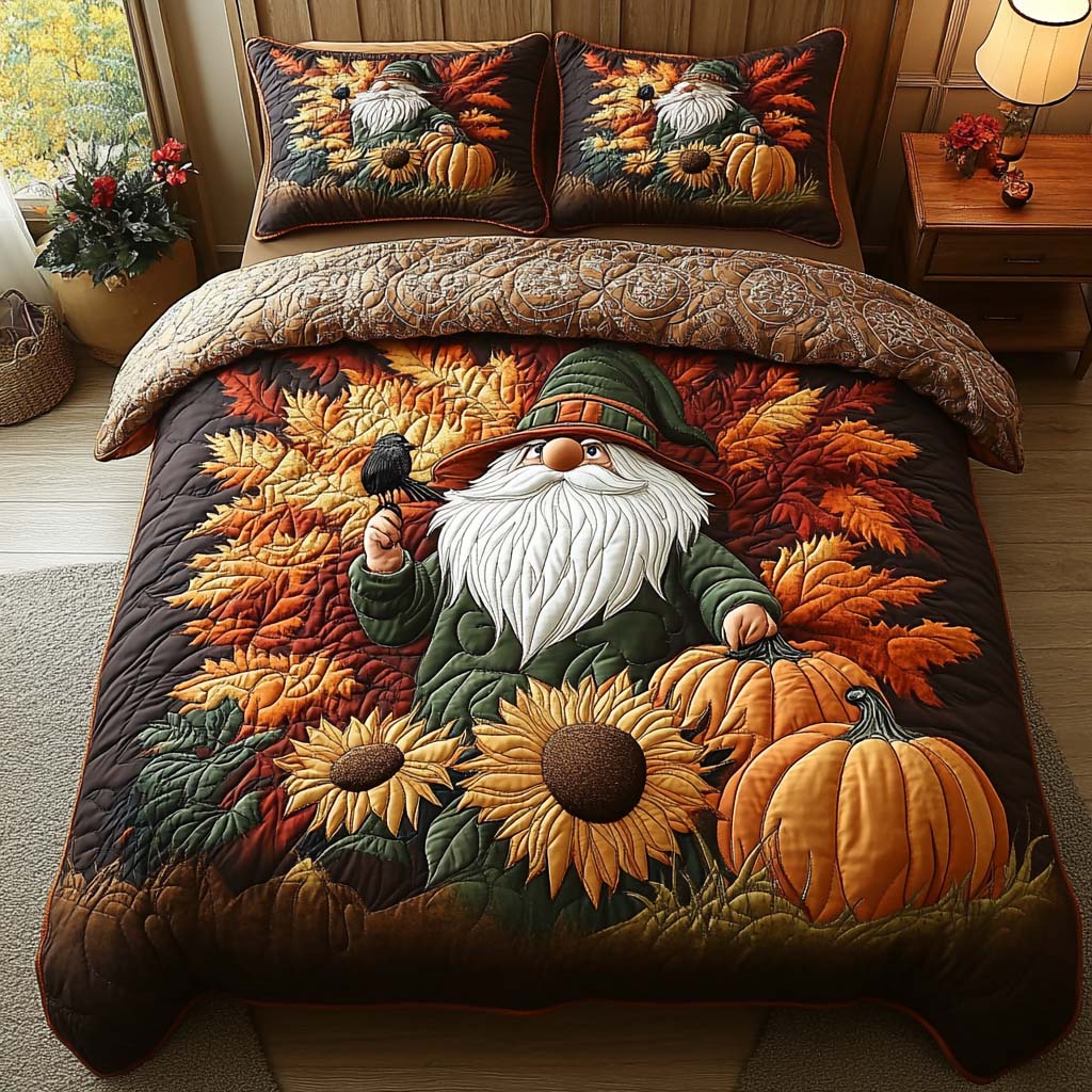 Autumn Gnome Quilted Bedding Set Aesthetic Room Decor Fall Gift Items