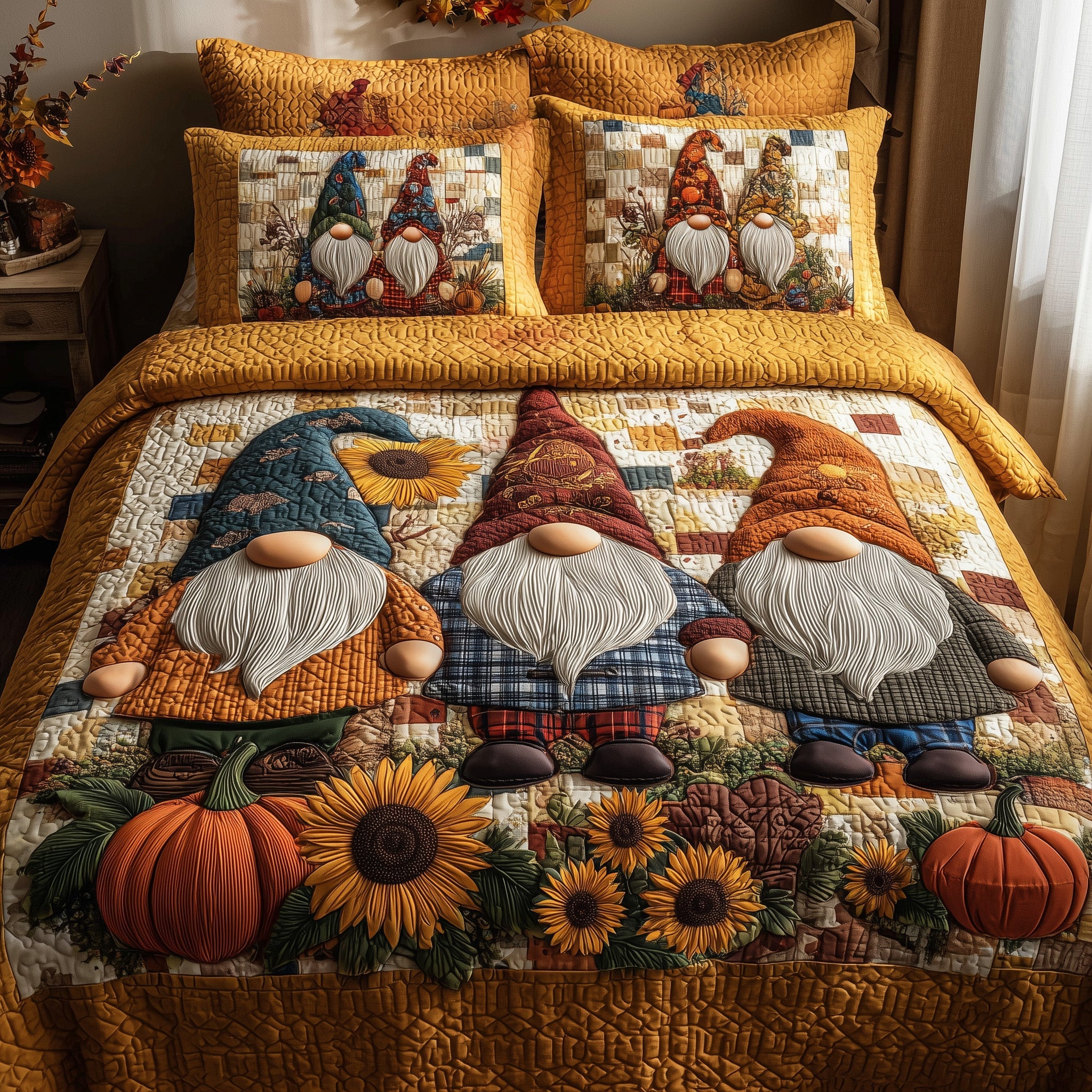 Autumn Gnome Quilted Bedding Set Anniversary Gift