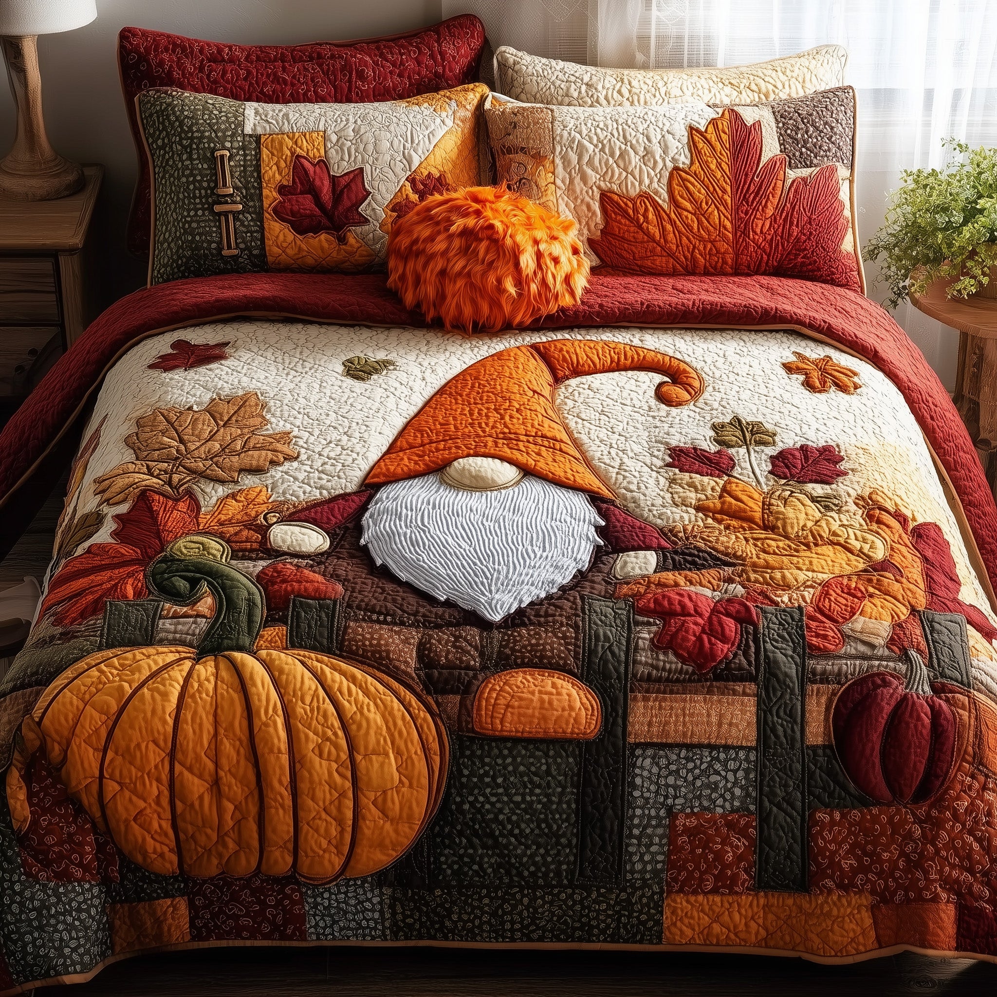 Autumn Gnome Quilted Bedding Set Duvet Cover Bedspread Autumn Themed Gifts