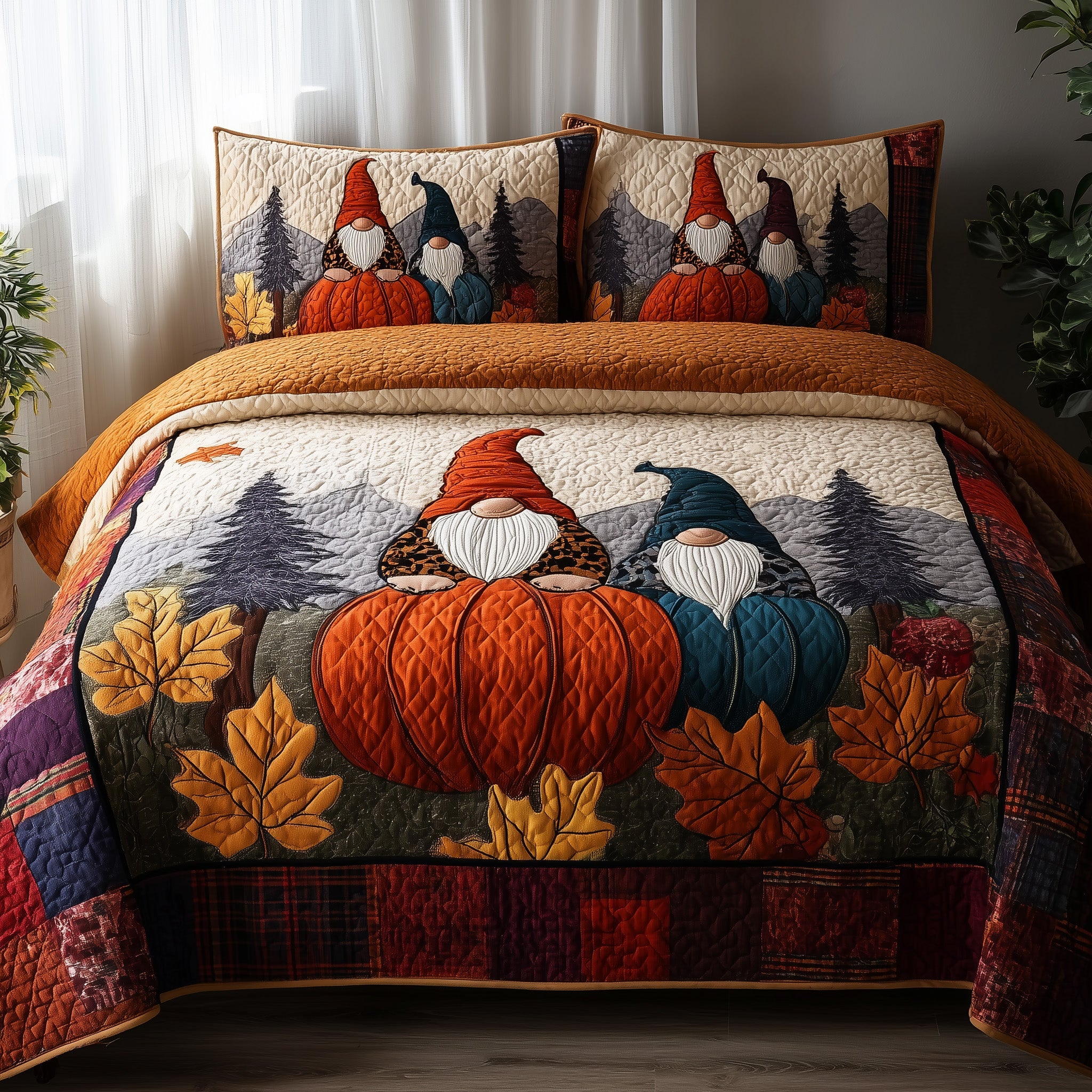 Autumn Gnome Quilted Bedding Set Duvet Cover Bedspread Fall Autumn Gifts For Her