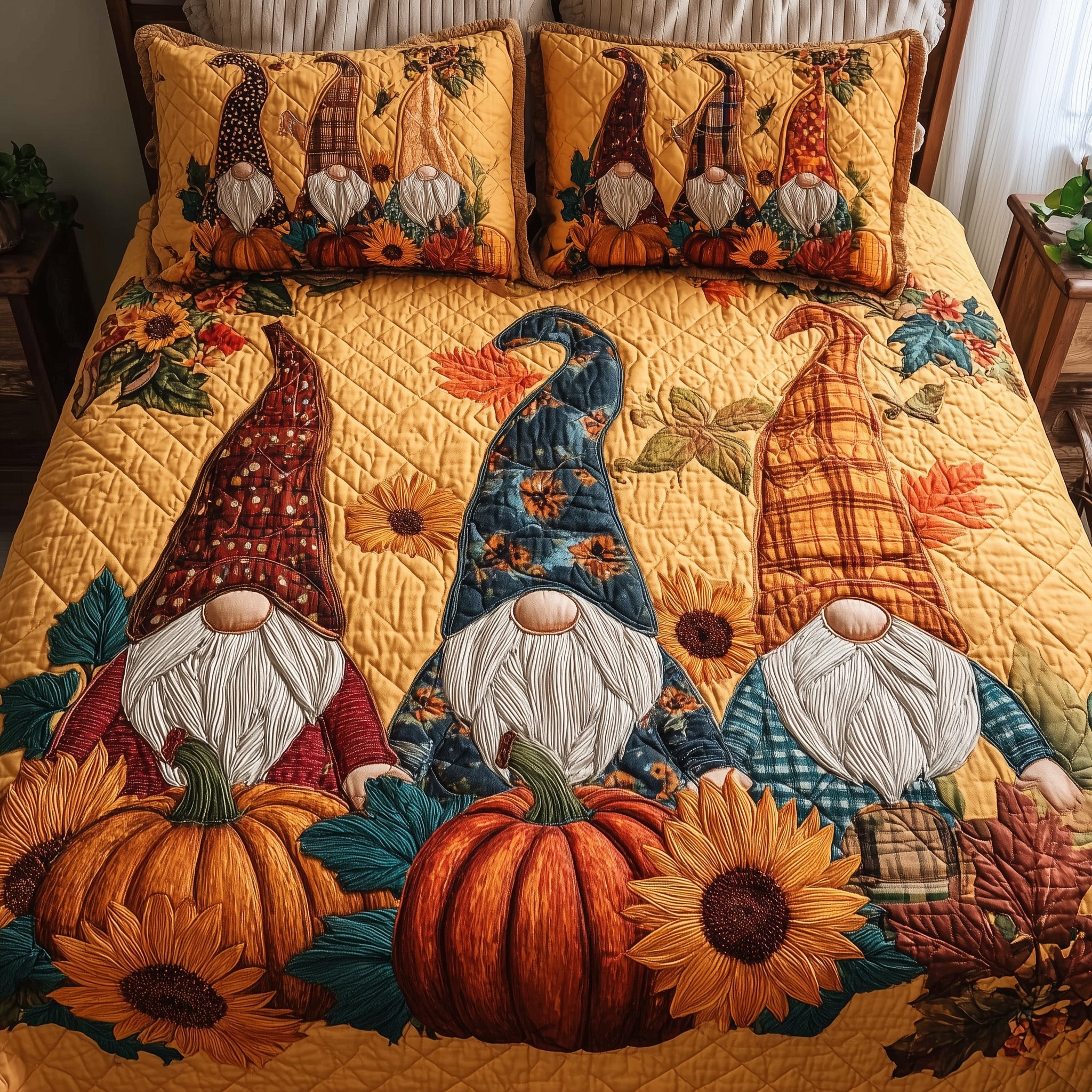 Autumn Gnome Quilted Bedding Set Duvet Cover Bedspread Fun Fall Gift Ideas