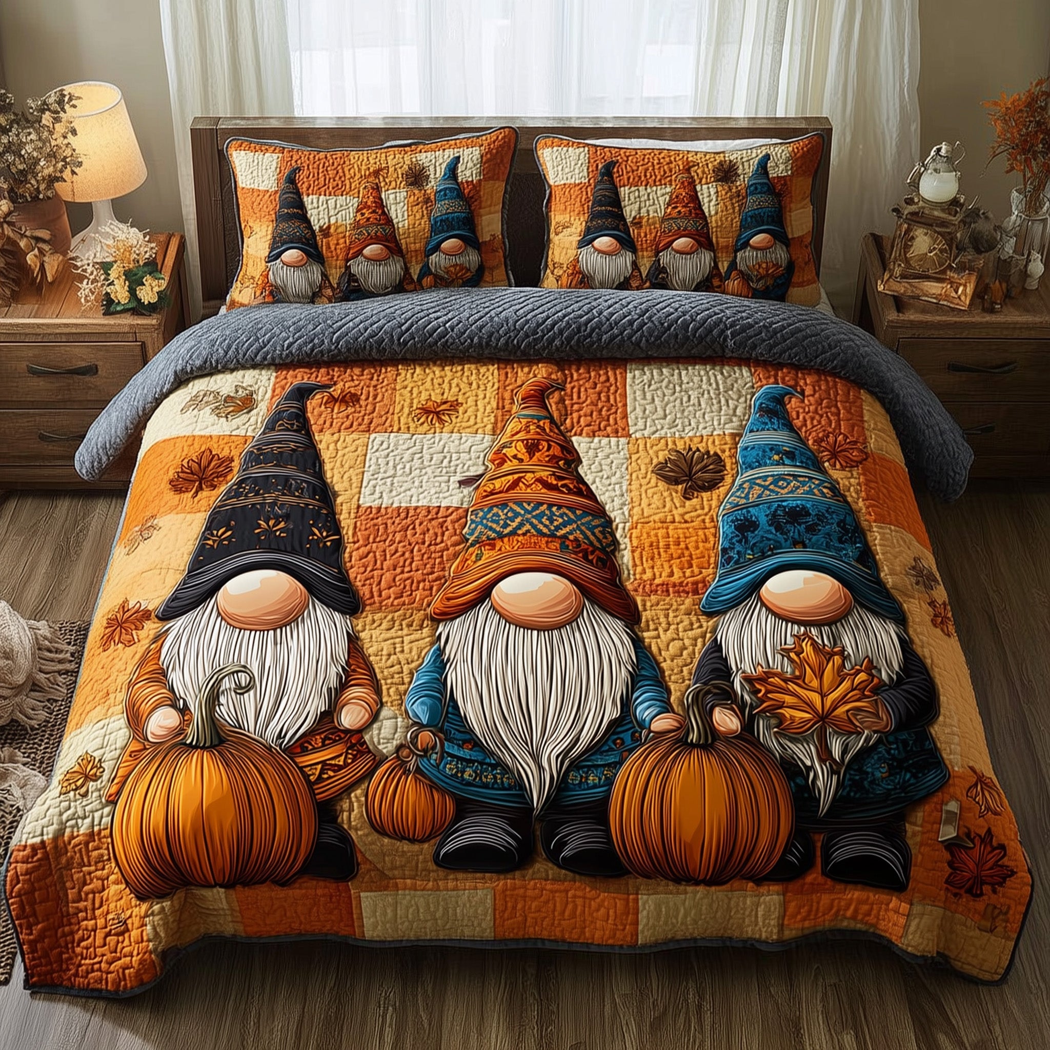 Autumn Gnome Quilted Bedding Set Floral Print