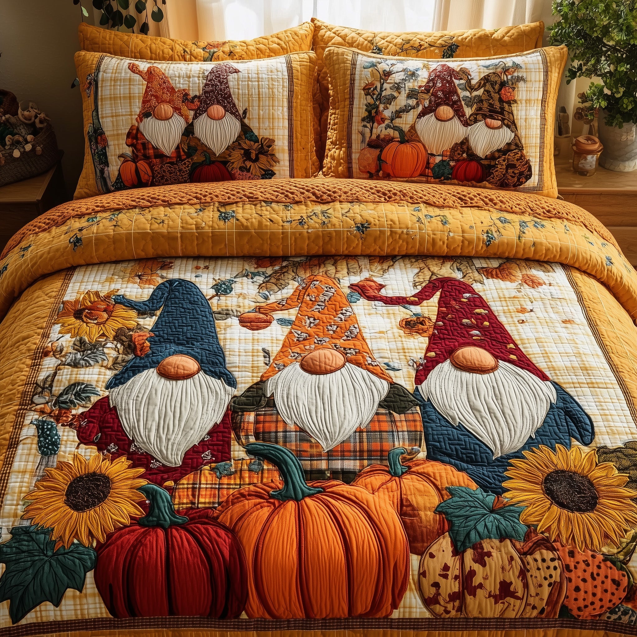 Autumn Gnome Quilted Bedding Set For Family