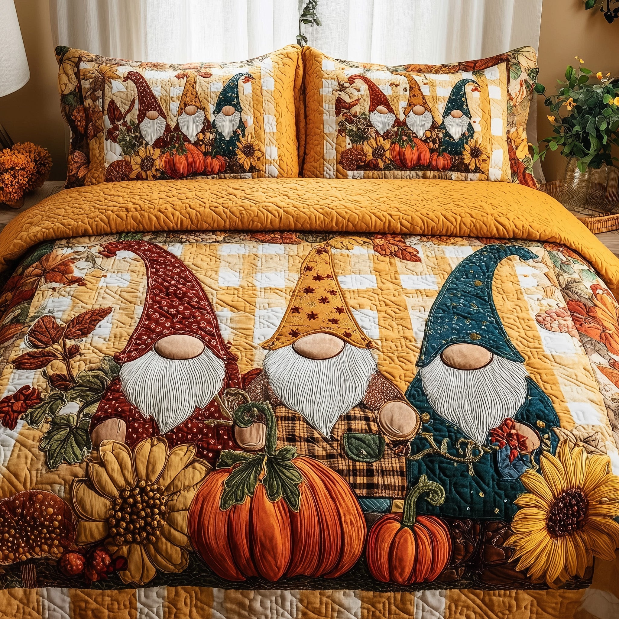 Autumn Gnome Quilted Bedding Set Holiday Gift