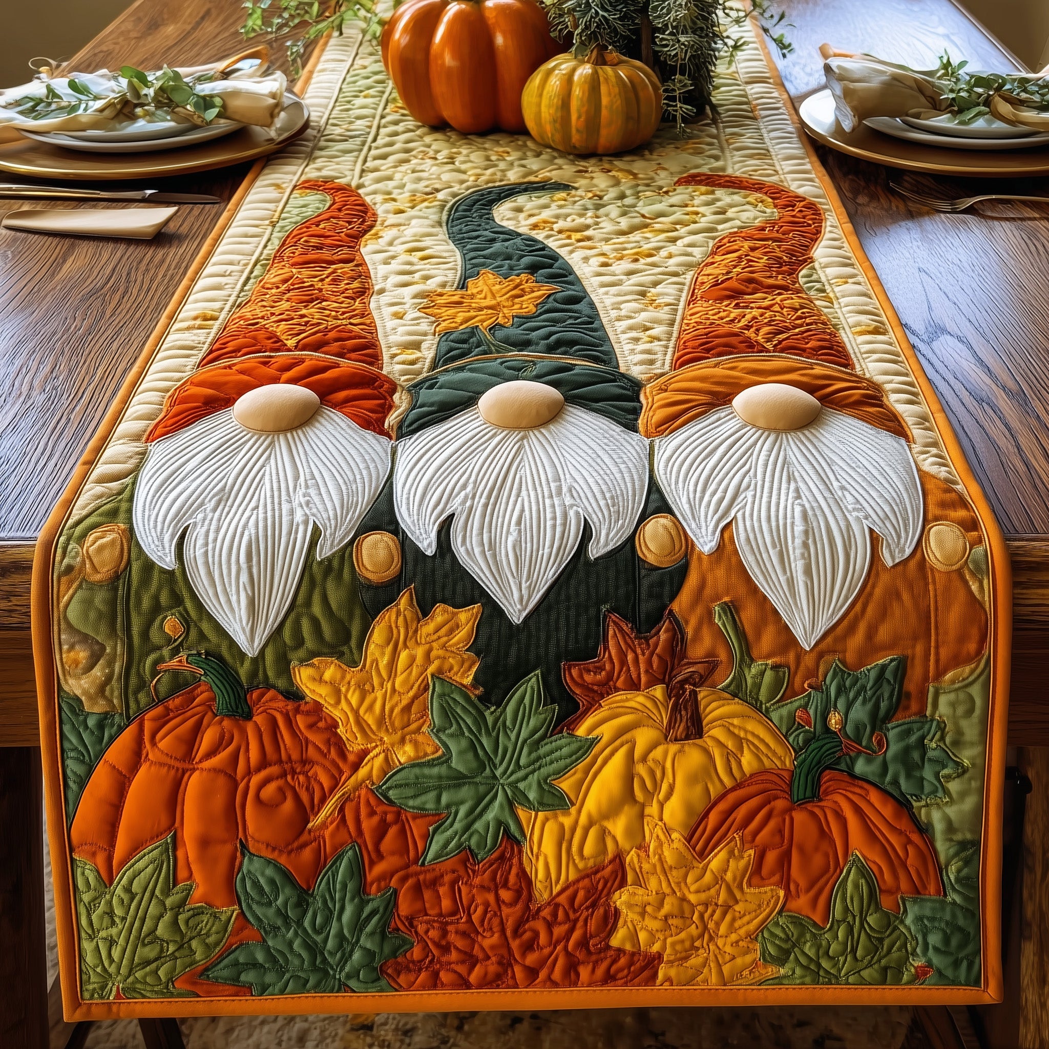 Autumn Gnomes Quilted Table Runner Christmas Table Runner for Family Meals