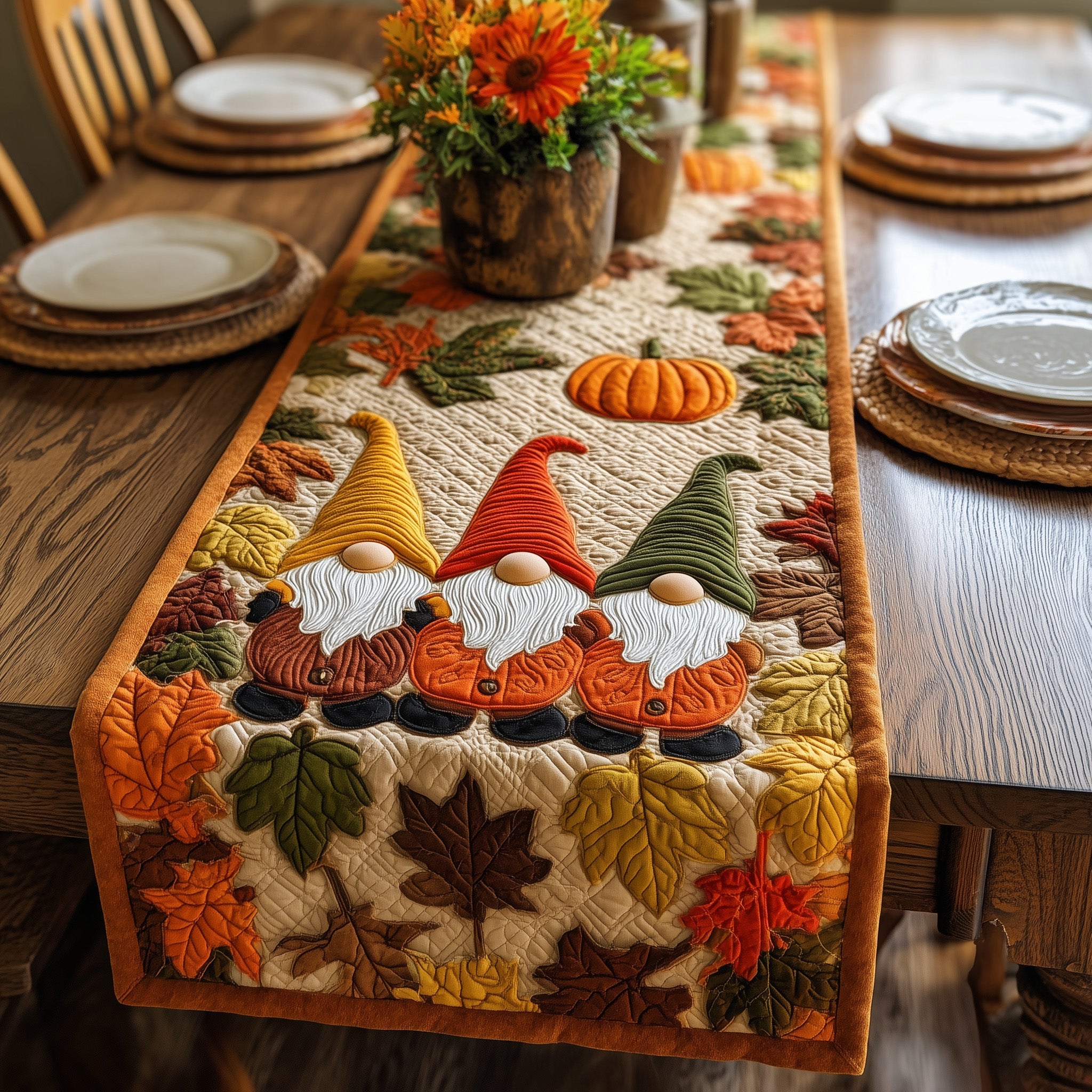 Autumn Gnomes Quilted Table Runner Cozy Winter Table Runner for Home