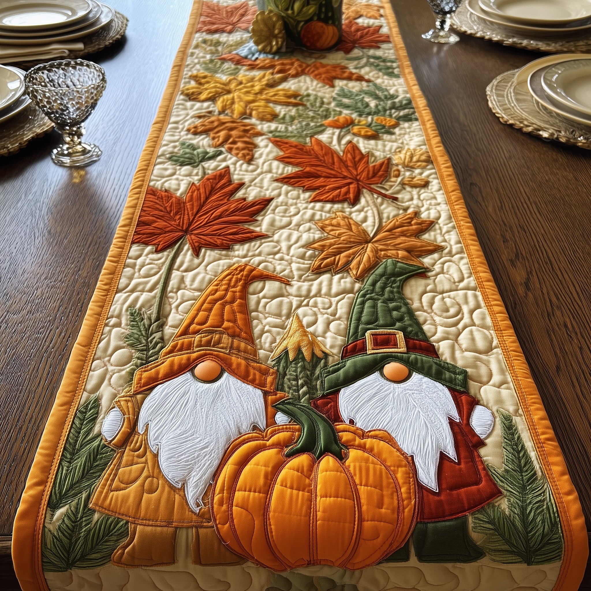 Autumn Gnomes Quilted Table Runner Festive Christmas Dining Room Table Runner