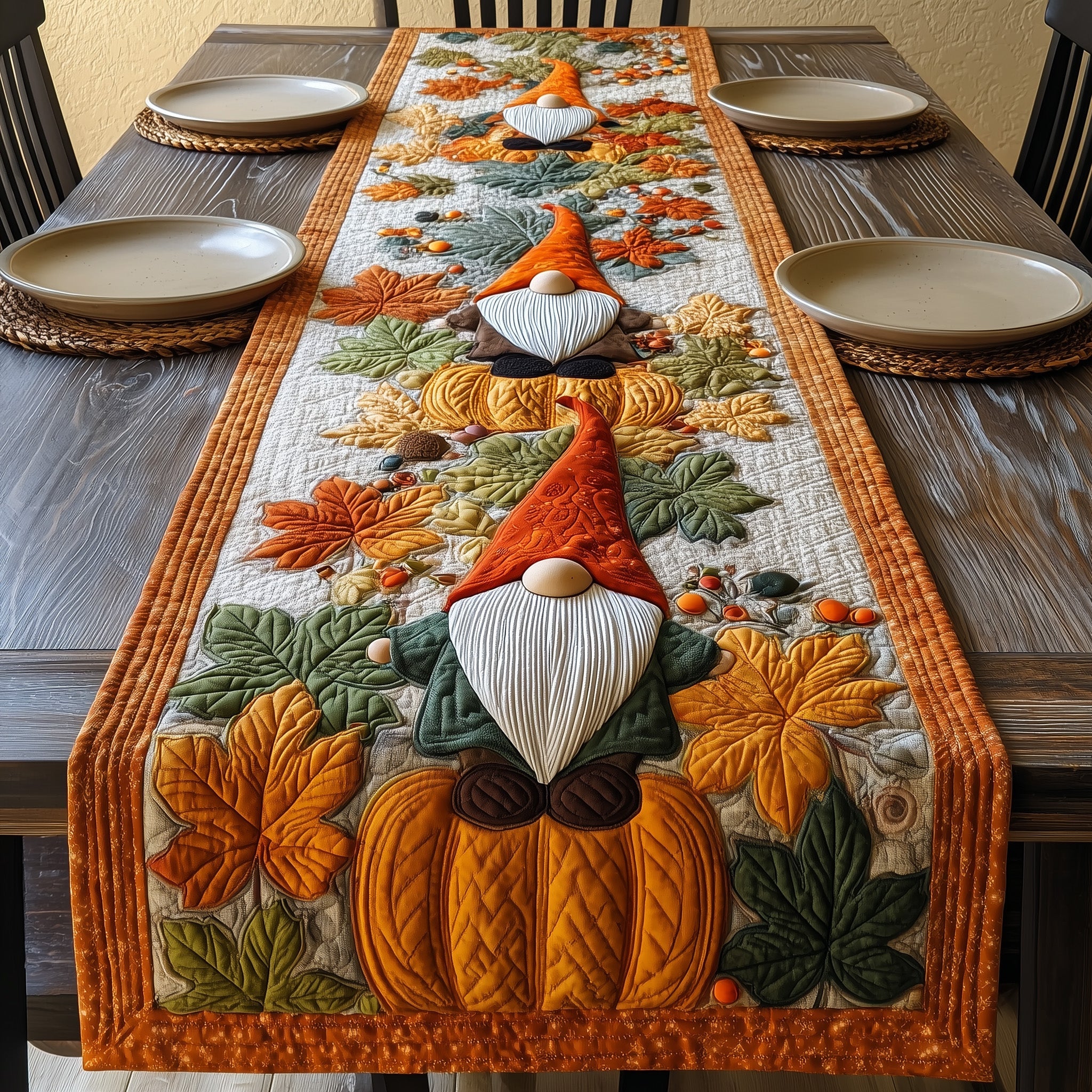 Autumn Gnomes Quilted Table Runner Seasonal Table Runner for Holidays