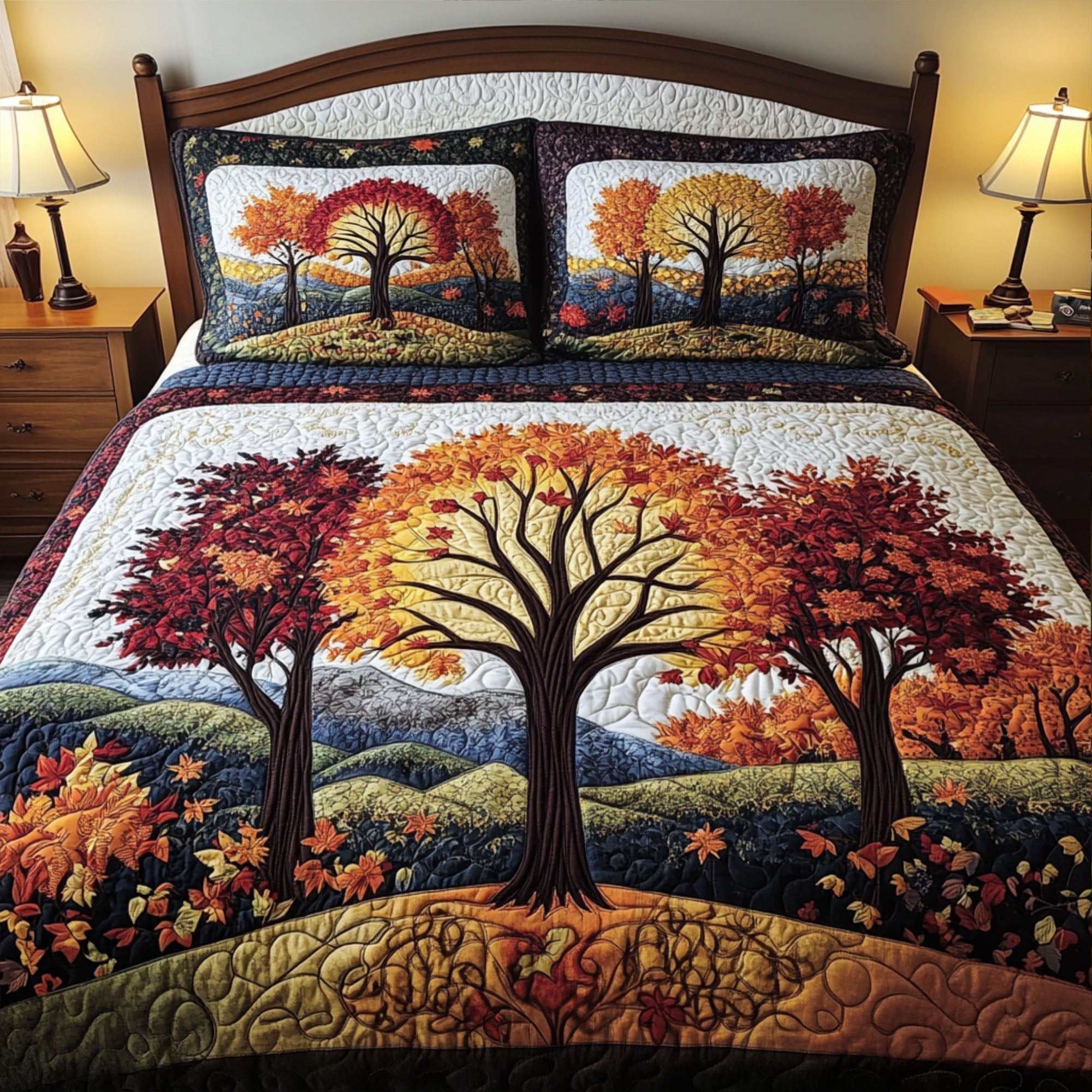 Autumn Grove Quilted Bedding Set Aesthetic Room Decor Good Fall Gifts