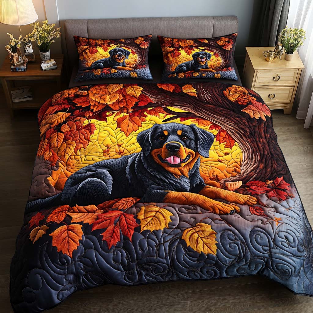 Autumn Guardian Quilted Bedding Set Christmas Bedding Duvet Cover Rottweiler Gifts For Dog Lovers