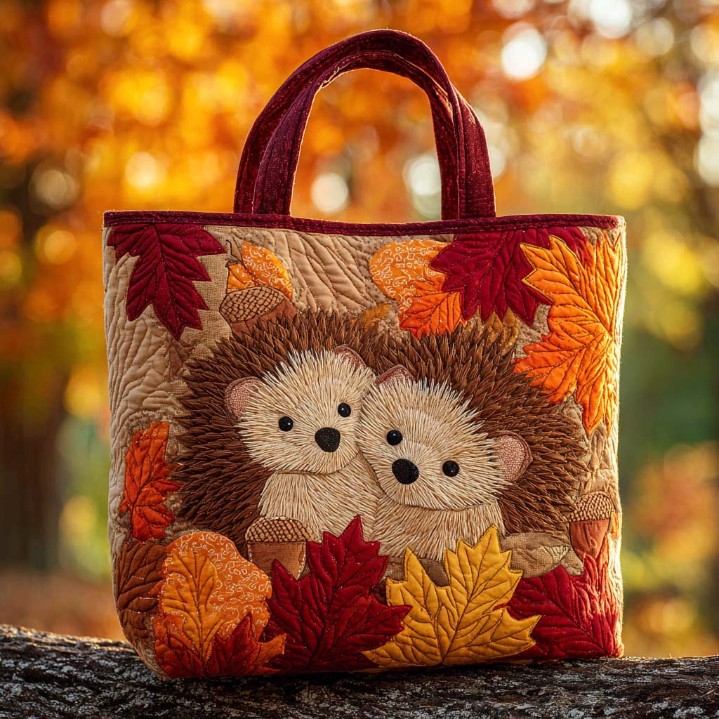 Autumn Harvest Hedgehog Quilted Tote Bag Fall Autumn Season Gifts