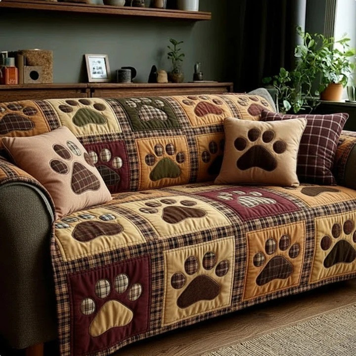 Autumn Harvest Paw Quilted Sofa Cover Cozy Fall Pet Lover Furniture Protector Gift Ideas