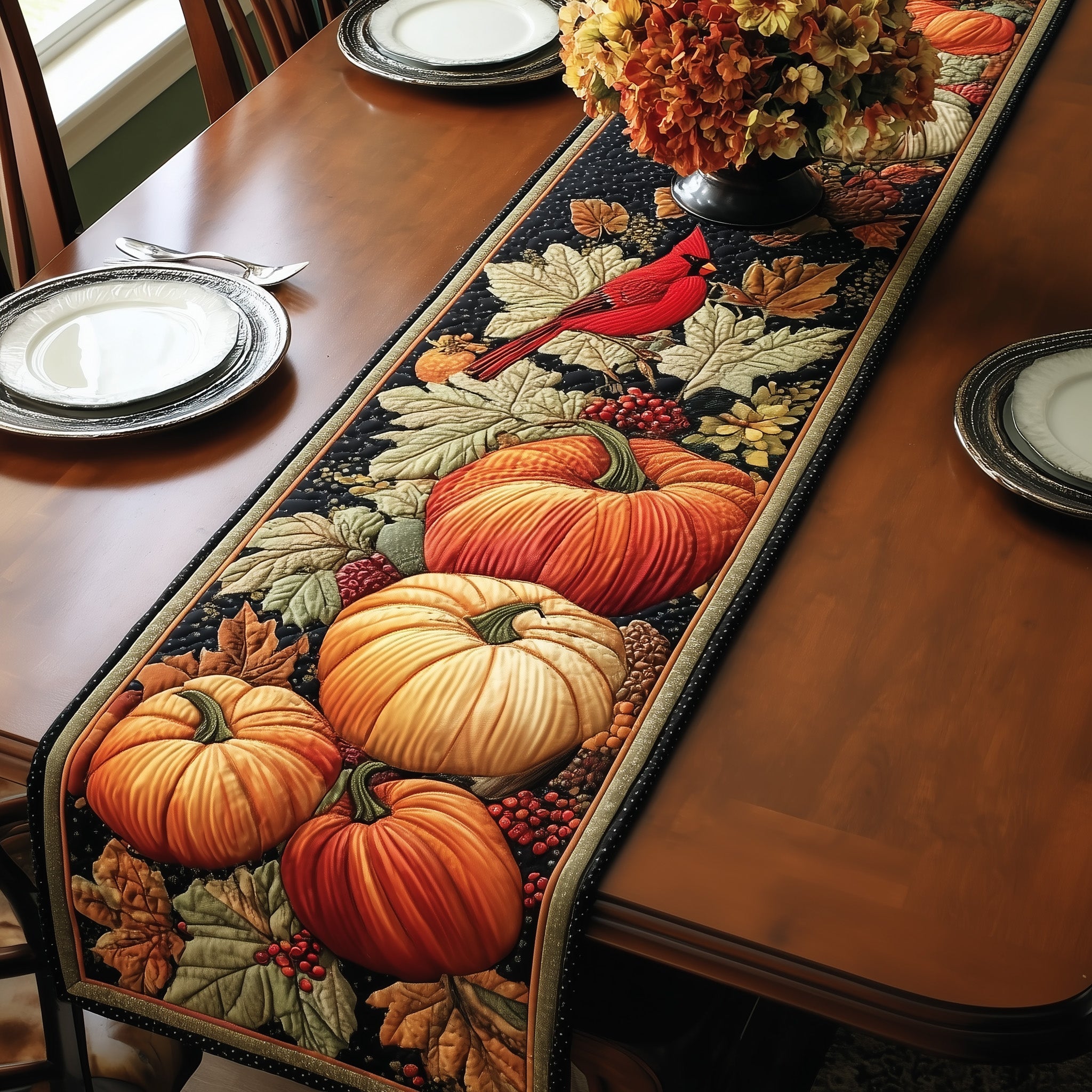 Autumn Harvest Quilted Table Runner Elegant Christmas Table Runner