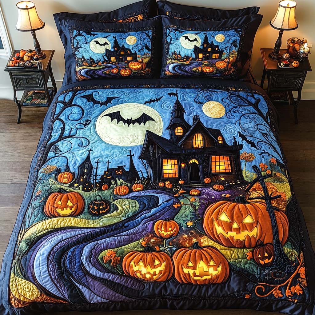 Autumn Haunt Quilted Bedding Set Best Bedspread Set Gift For Halloween