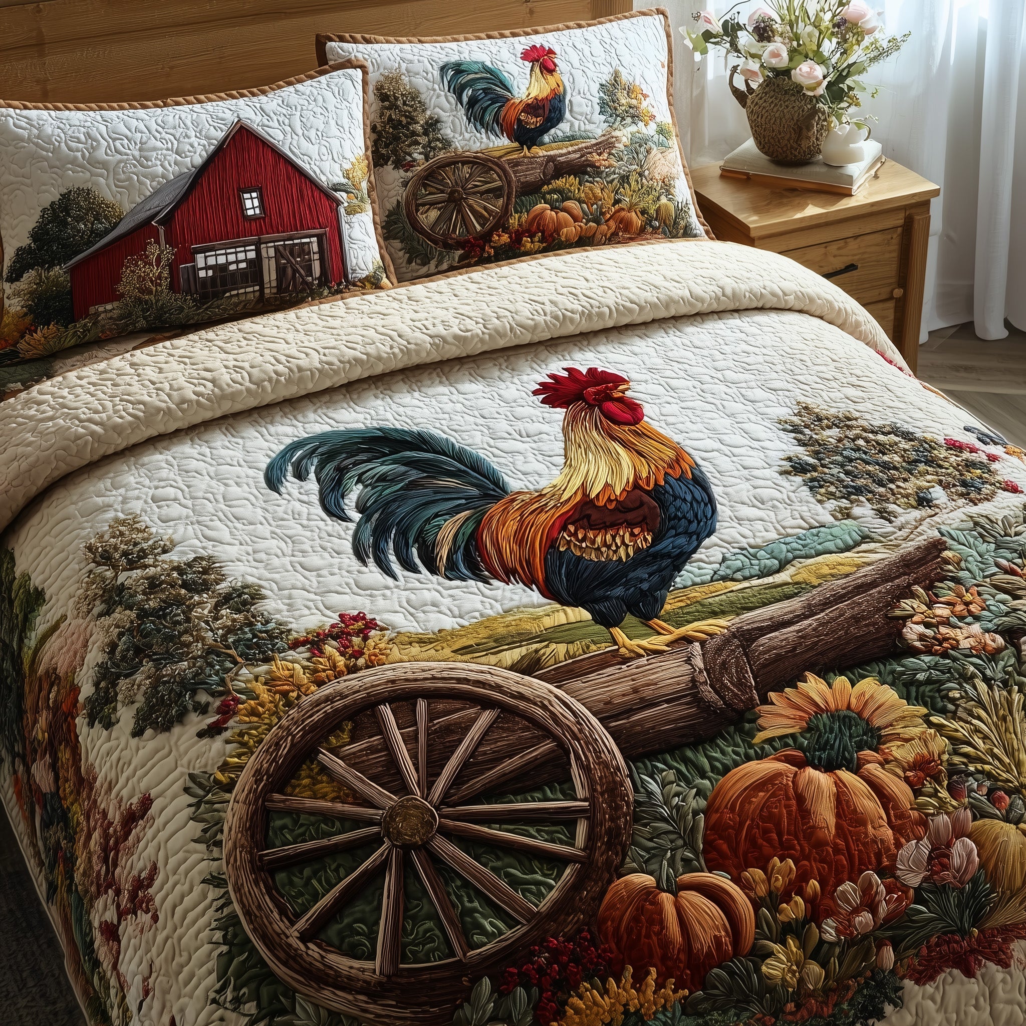 Autumn Haven Quilted Bedding Set Duvet Cover Bedspread Chicken Christmas Gifts