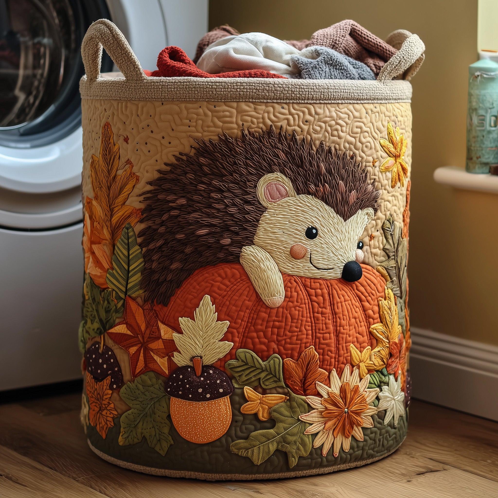 Autumn Hedgehog Quilted Laundry Basket Foldable Basket Storage Gifts For Hedgehog Fans